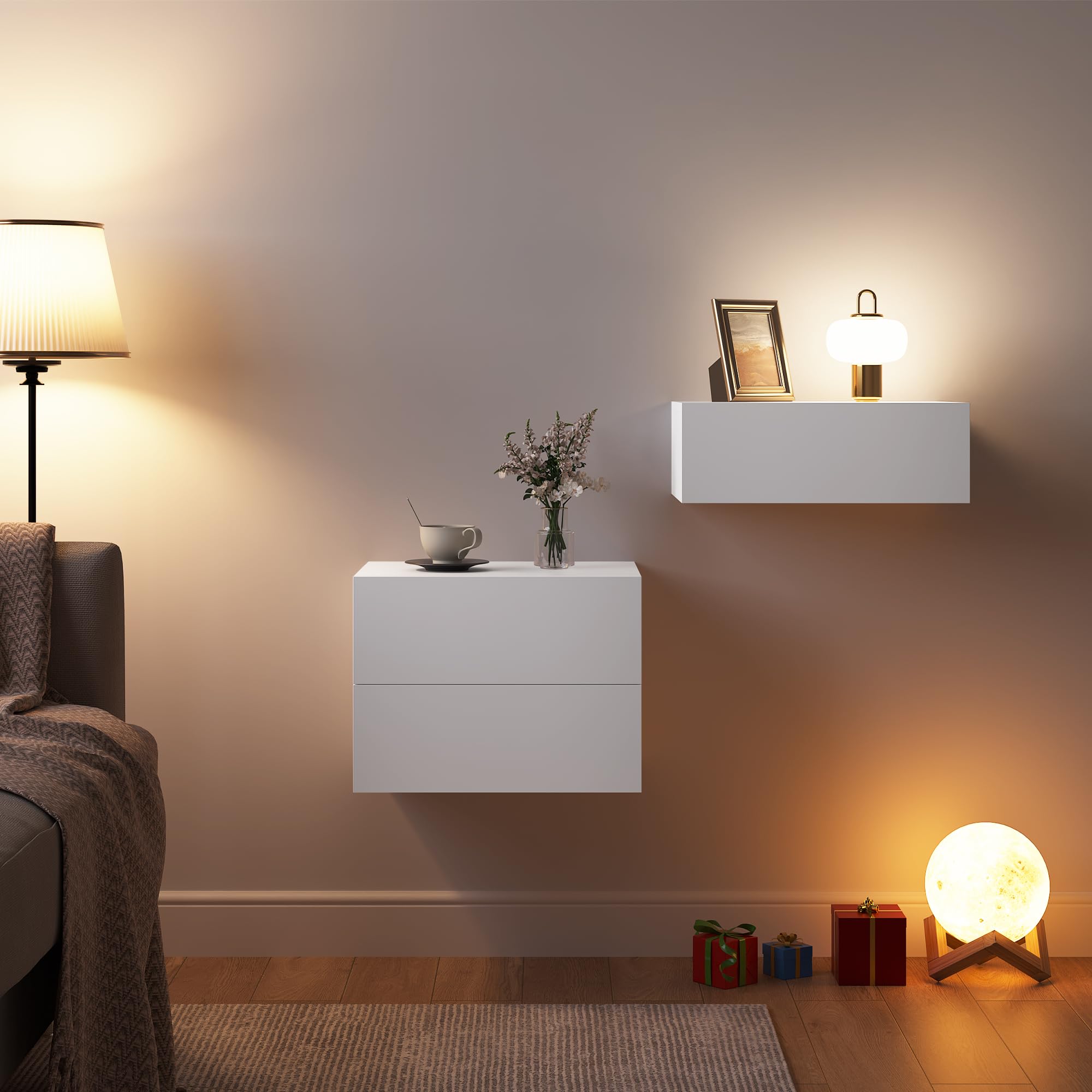 WOLTU Set di 2 Comodini Sospesi con Cassetto, Comodini Galleggianti, 40x30x30 cm, Mobili per Camera da Letto in Legno, Salvaspazio, Moderno, Bianco