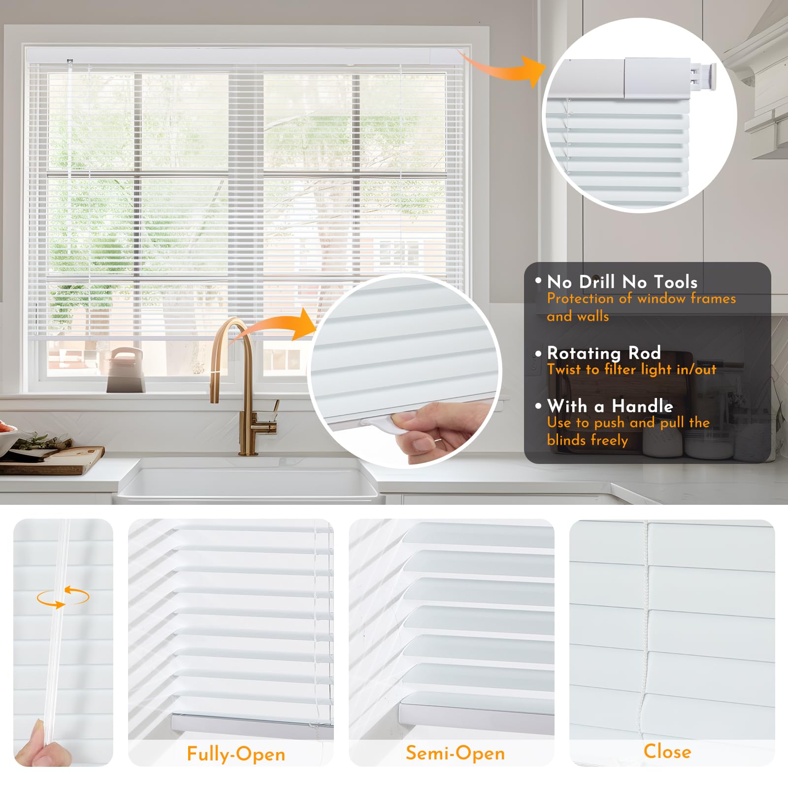 Persilux No Drill No Tools Cordless Blinds 1 Inch Aluminium Horizontal Blackout Mini Blinds for Indoor Windows, Custom No Dill Window Blinds for Home Office, Door and Living Room, White