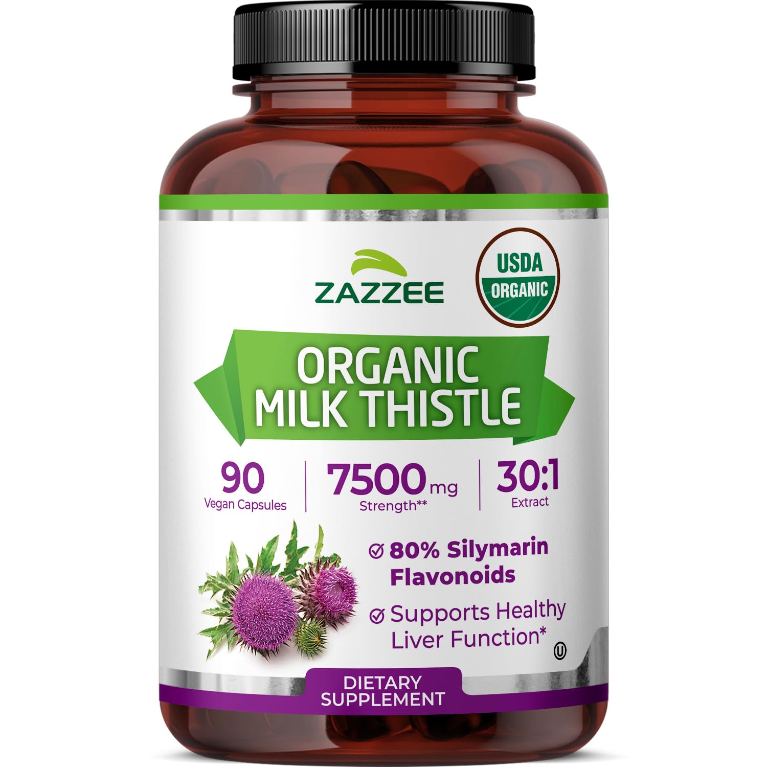 Zazzee USDA Organic Milk Thistle 30:1 Extract, 80% Silymarin, 90 Capsules 90 Count (Pack of 1)