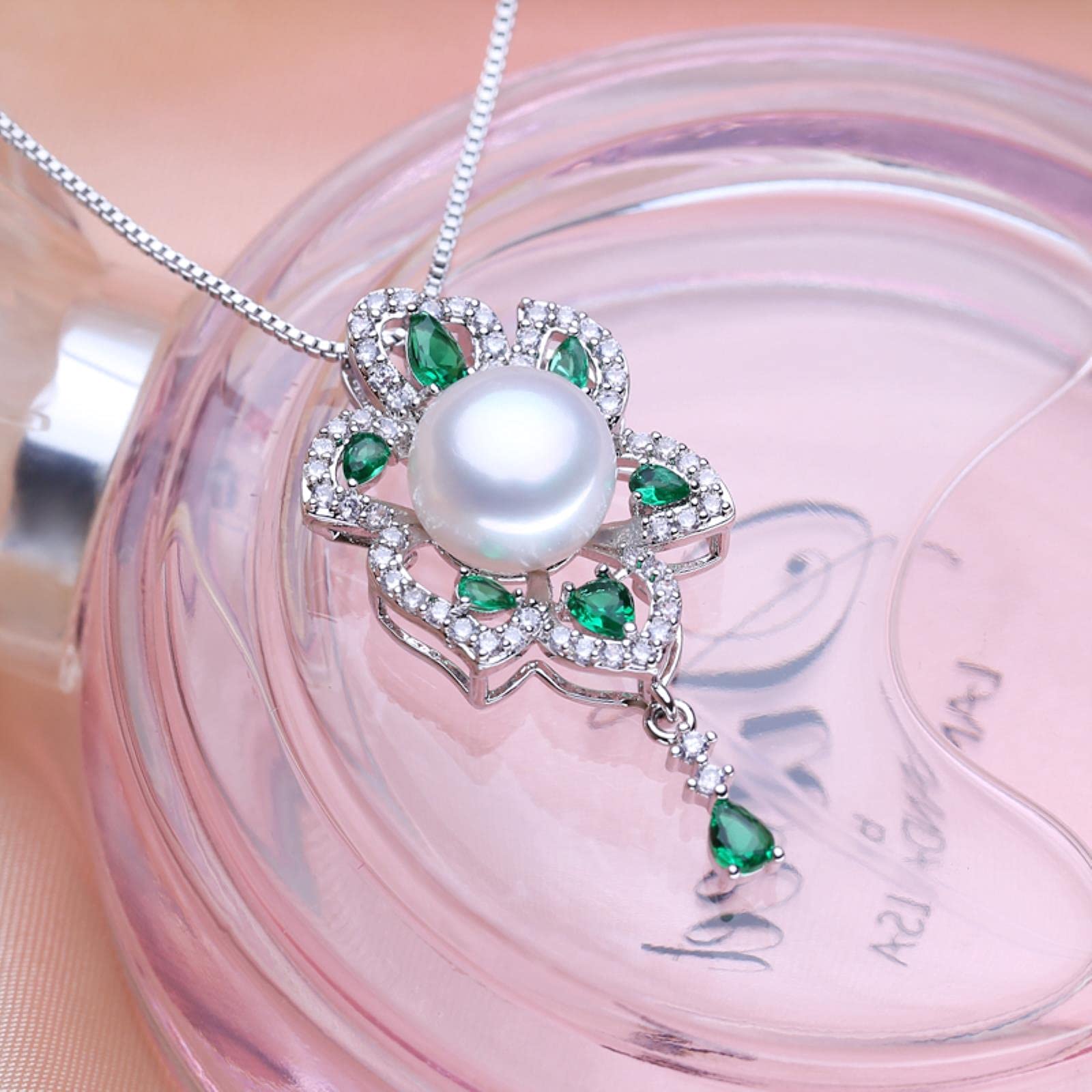 Set di Gioielli in Argento Sterling 925 Orecchini di Perle Naturali per Le Donne Collane con Ciondolo Grande Smeraldo Boemo