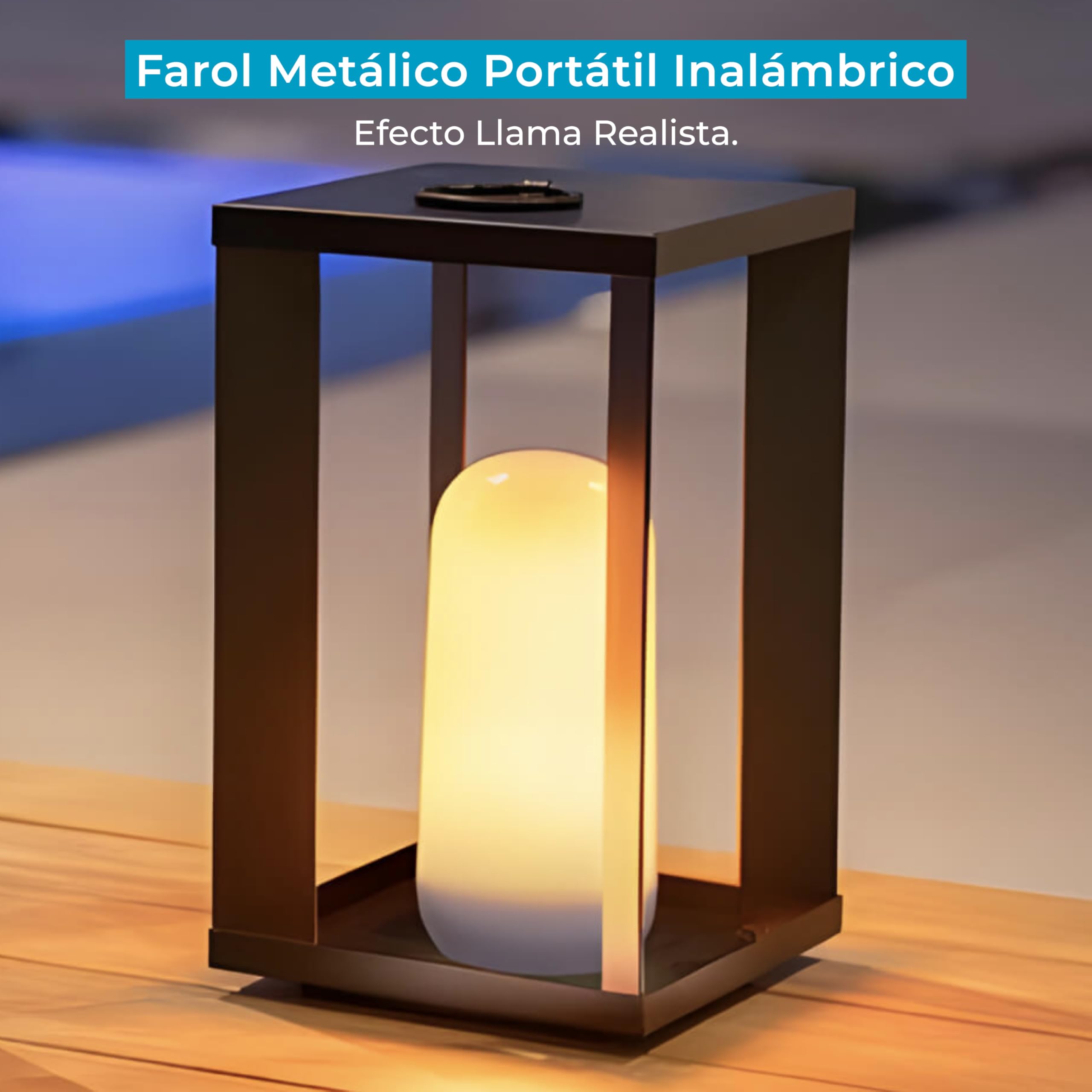 newgarden - Farol de Mesa Portátil y Metálico SIROCO Efecto Llama. Luz LED Cálida 200 Lúmenes Sin Cables IP54. Batería Recargable Hasta 20H de Uso. Incluye Mando a Distancia (Altura 30 cm)
