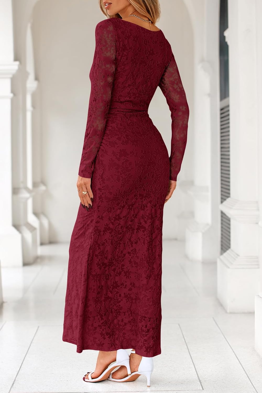 MITILLY Women's Formal Long Sleeve Dress Fall Elegant Floral Bodycon Ruched Cocktail Party Maxi Dresses New - Image 3