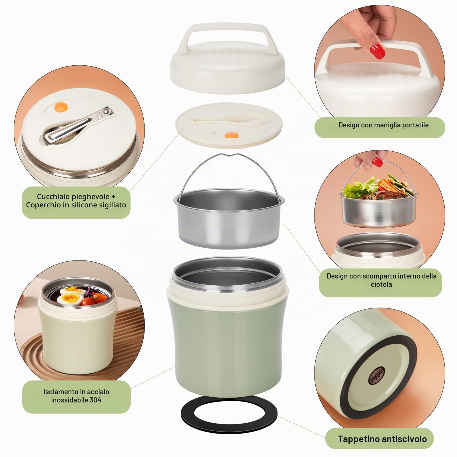 Contenitore termico per mangiare, 1,2 l, in acciaio inox con cucchiaio, ciotola termica a prova di perdite, per bambini, adulti, contenitore termico per porridge pasti
