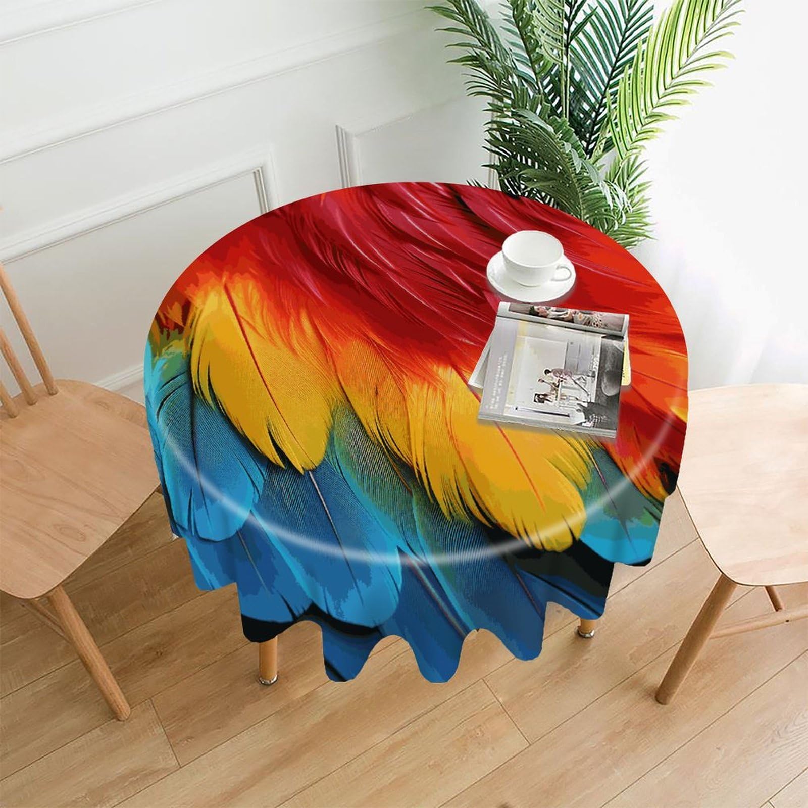 FekiLoot Round Fantastic Parrot Feather Tablecloth Decorative Fabric Table Cloth Wrinkle Free Circle Dining Tablecover Washable Polyester Table Cover for Holiday Dinner Party Decor 60"