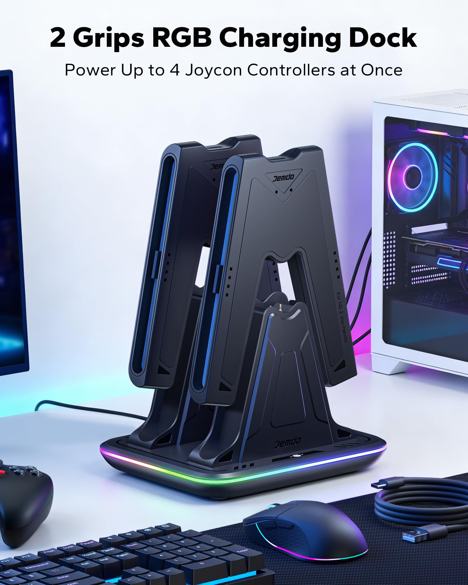 JEMDO Station Charge Manette Switch 2 - Support de Recharge Joy Con 2 avec 2 Grips Magnétiques, 9 Modes RGB, Indicateur LED, USB-C, Play & Charge, Accessoire Idéal pour Voyage