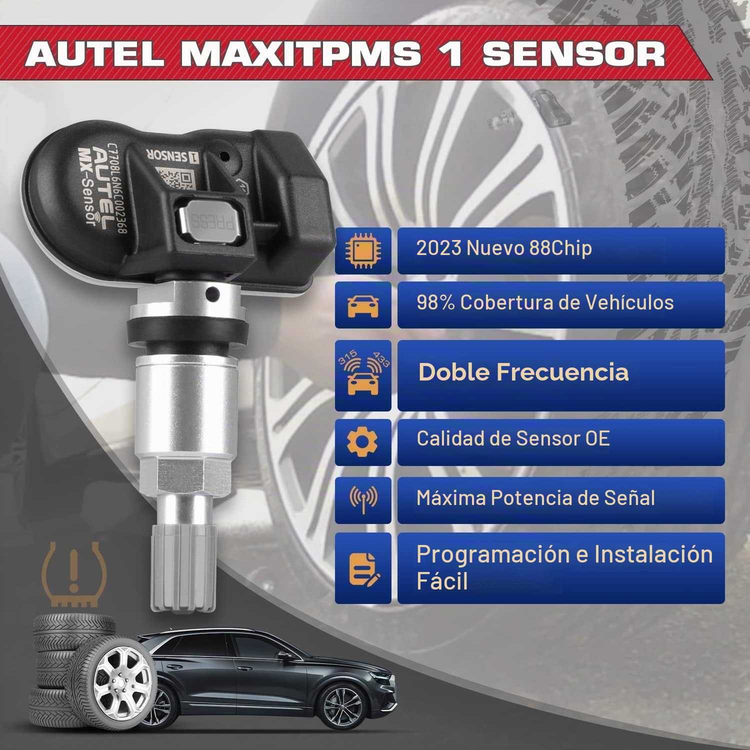 Autel TPMS MX-Sensor, Sensor Reemplazo Neumáticos Doble Frecuencia para Todos Coches, Idéntico al Sensor OE, Sensor Sistema Monitoreo Presión Clonable al 100% (Válvula Metal, 4 Piezas)