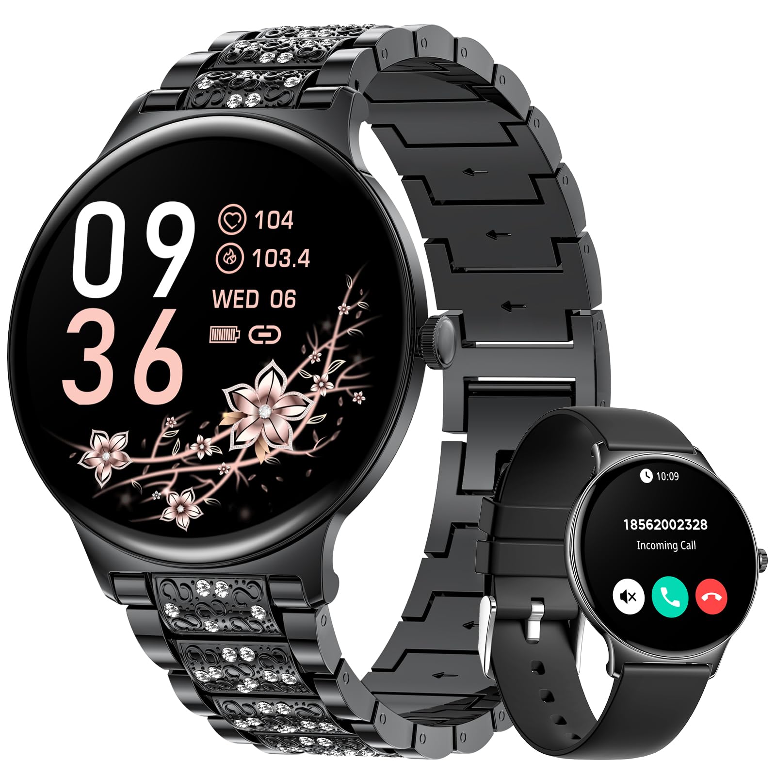 LIGE Smartwatch da donna 1.43" AMOLED rotondo touch screen con funzione telefono, fitness tracker donna 120 + modalità sport/IP68/SpO2/frequenza cardiaca/ciclo mestruale Diamond Smart Watch per iOS