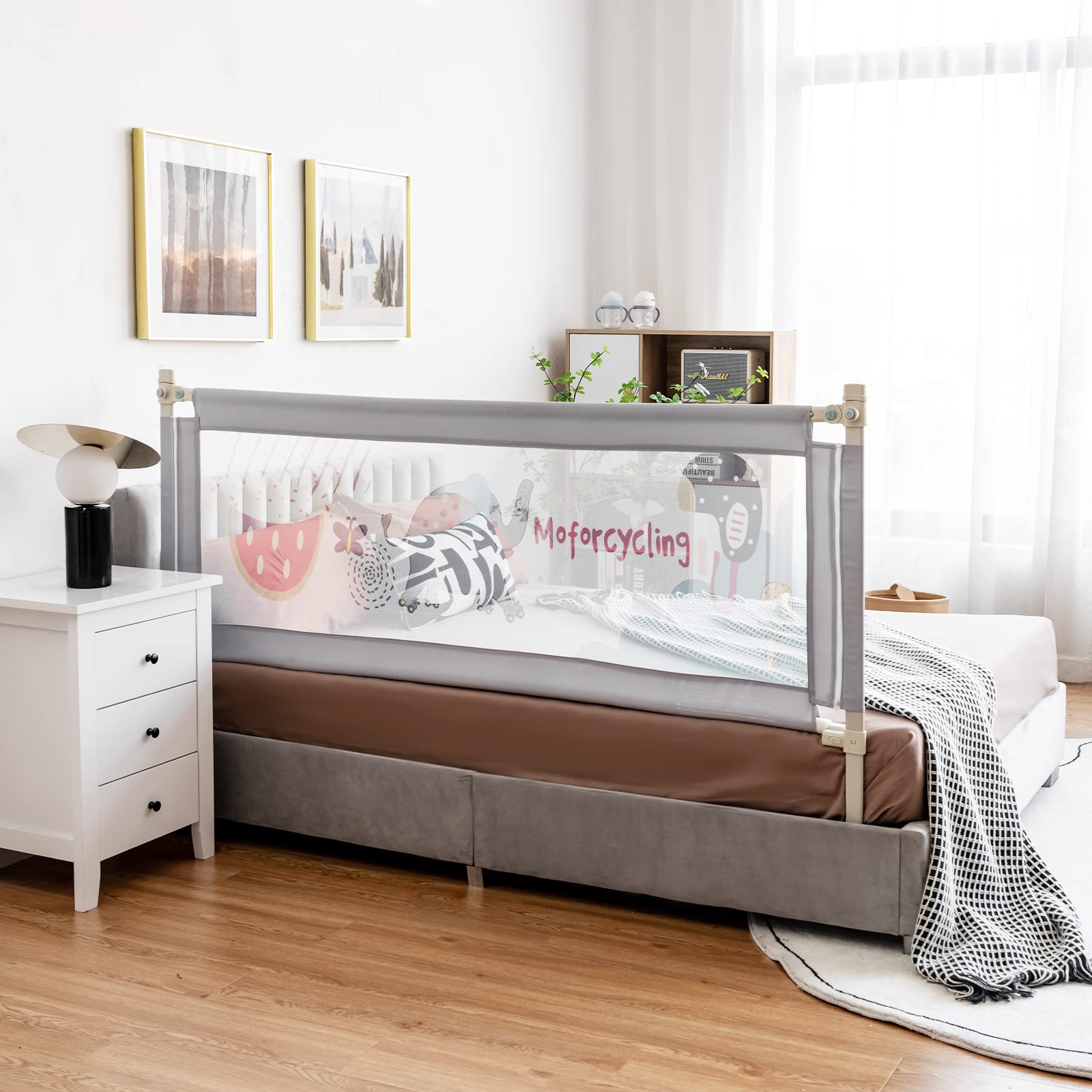 COSTWAY Sponda Letto per Bambini 175 cm, Barriera Pieghevole con Altezza Regolabile, in Tessuto Oxford con Cerniera, con Motivo Cartone Animato, 175,5 x 24,5 x 72,5-101,5 cm (Modello 1, 175 cm)