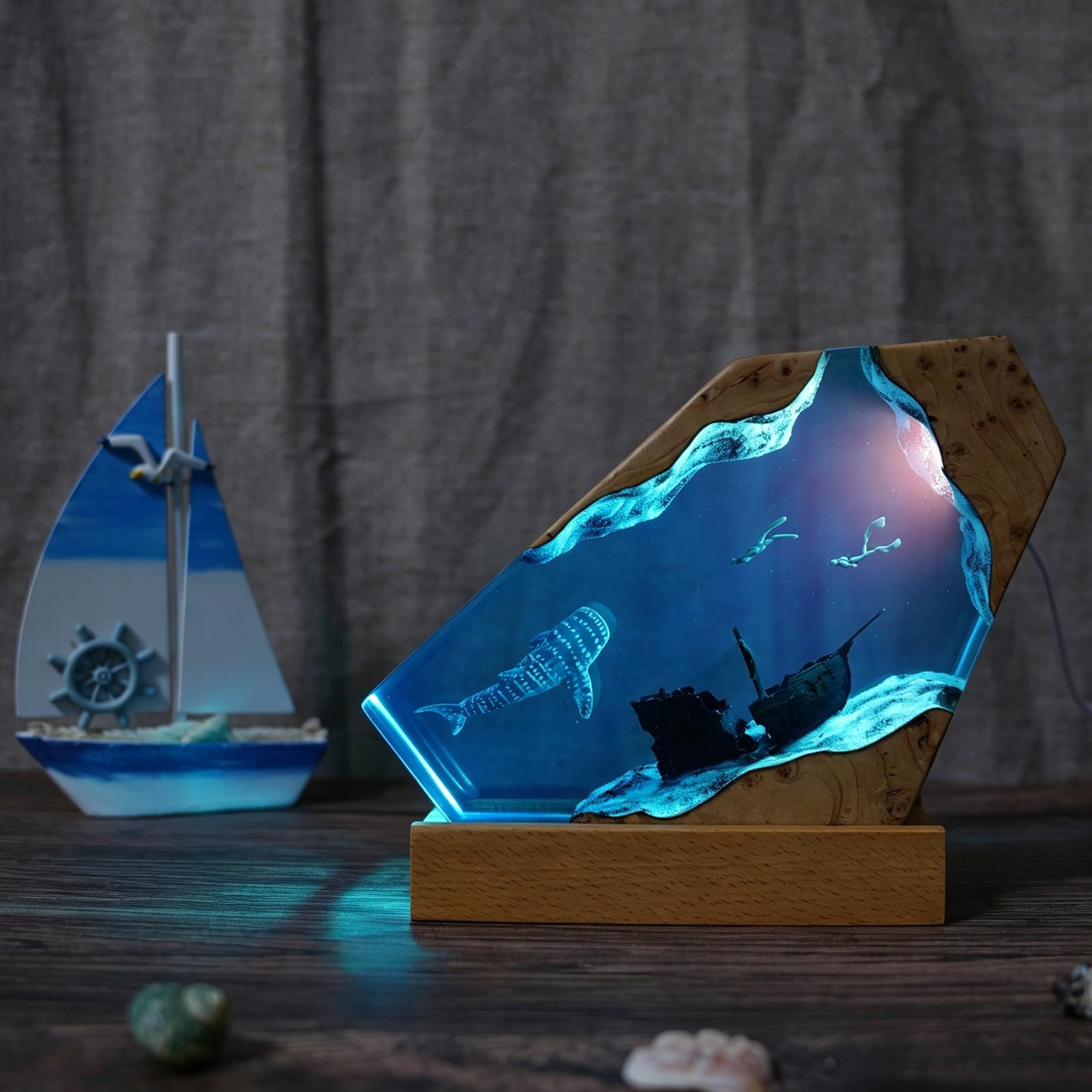 FGJtguE Woods lamp, with Multiple Marine Themes,Handcrafted Epoxy Wood Night Light for Desk Decor,Birthday Lovers(K)