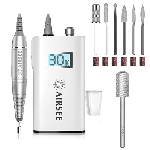AIRSEE Taladro eléctrico recargable de 30000 rpm máquina profesional portátil para uñas acrílicas color blanco carburo de tungsteno broca de uñas