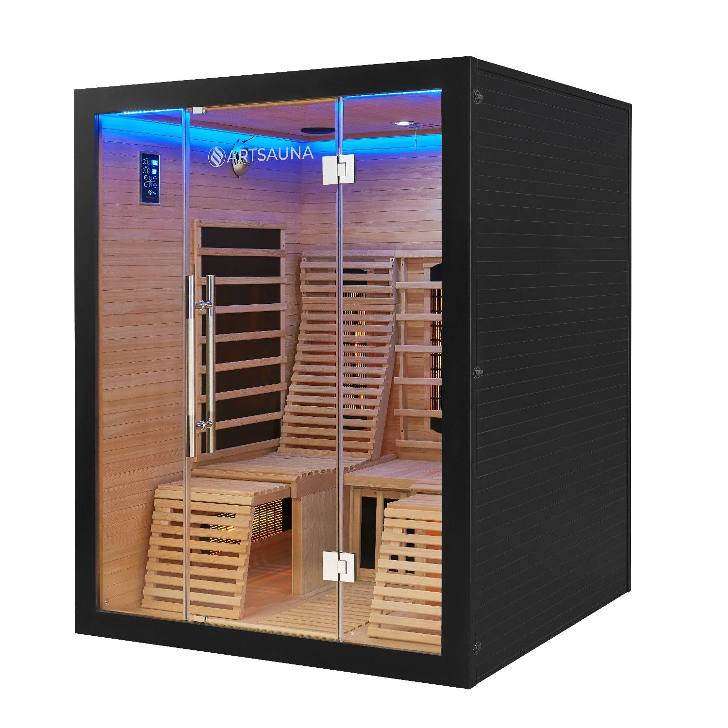 Artsauna Infrarotkabine Helsinki 150 Dual Technologie, LED - Infrarotsauna 150x150 cm - 1 Bank, 2 Liegen für 3 Personen - Wärmekabine Schwarz Black
