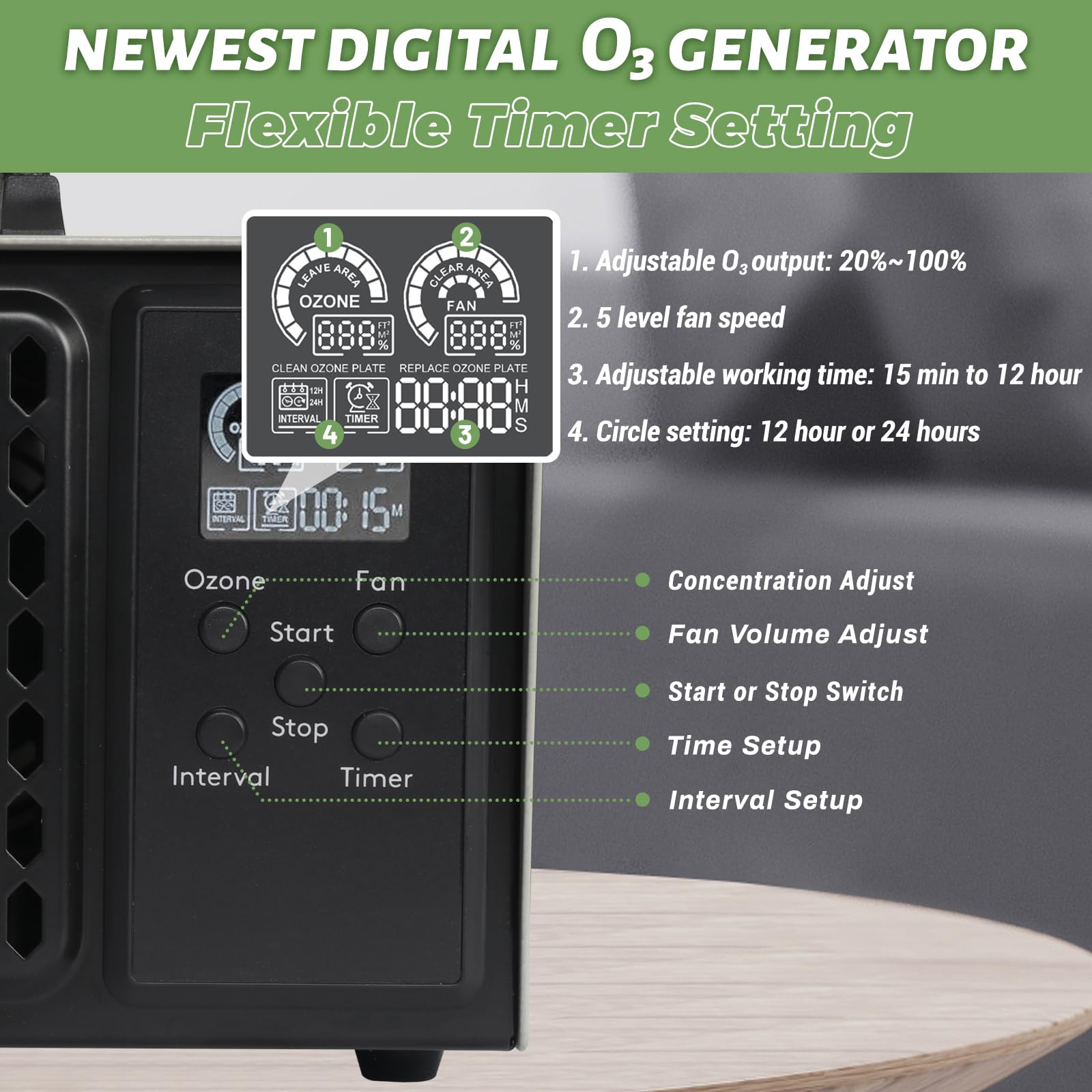 Ozongenerator 10000mg/h 12h Timer 5 Stufen Lüftergeschwindigkeit Industriell Tragbar Ozonmaschine