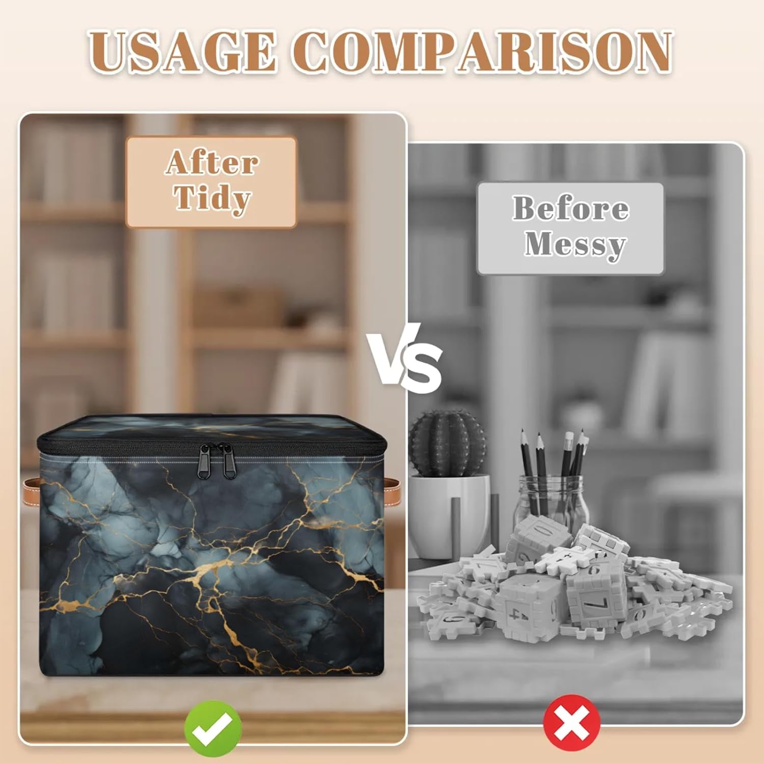 Storage Bin Set of 2 Black Marble Storage Basket with Zipper Lid & Handle Foldable Closet Shelf 2 Pack Cloth Organizer Basket Cube Bins Clothes Organizer for Nursery, Bedroom