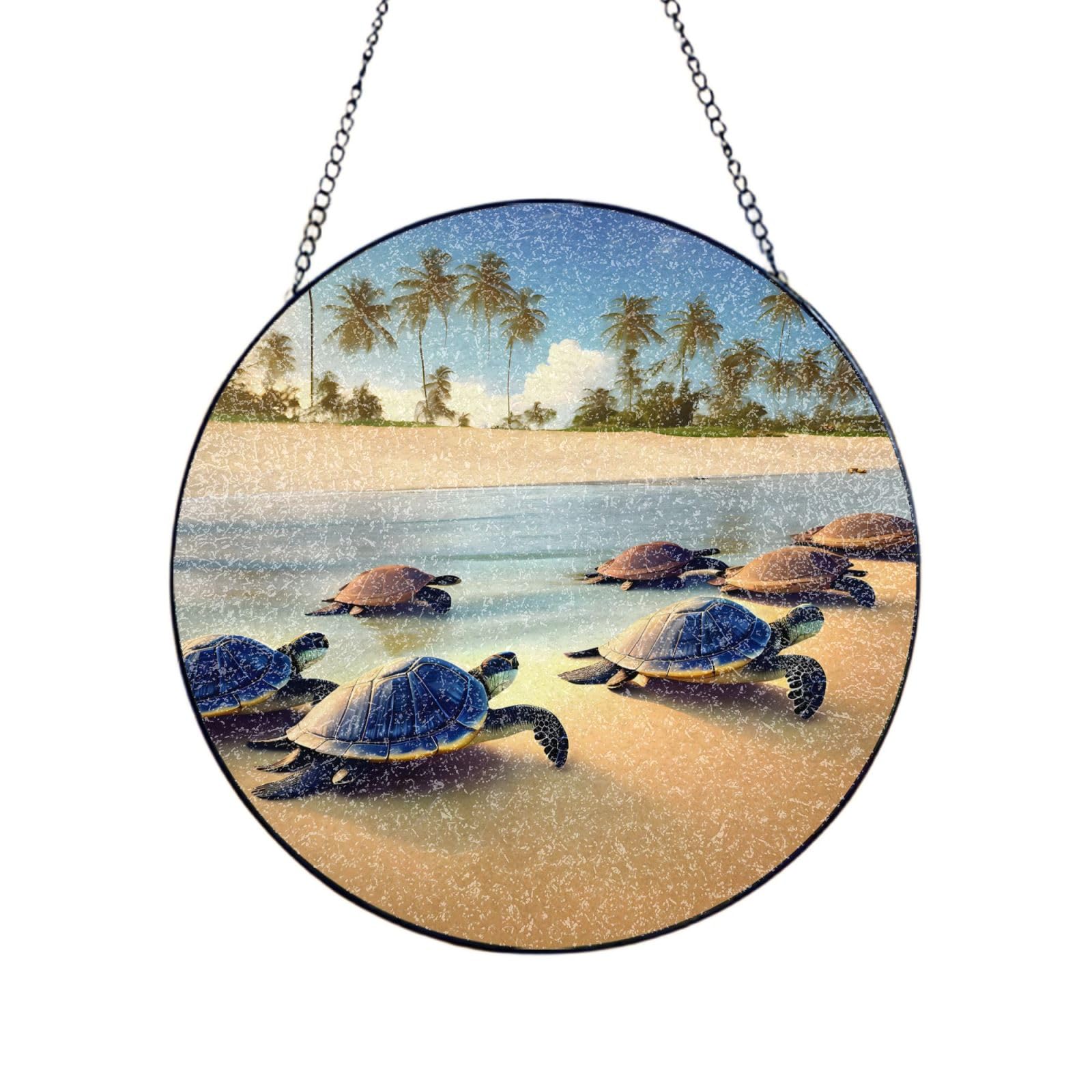 Phayah Turtles On The Beach Print Stained Glass Window Hanging Sun Catchers Decoration Mother'S Day Birthday Gifts For Home Garden Porch 8in（20cm）