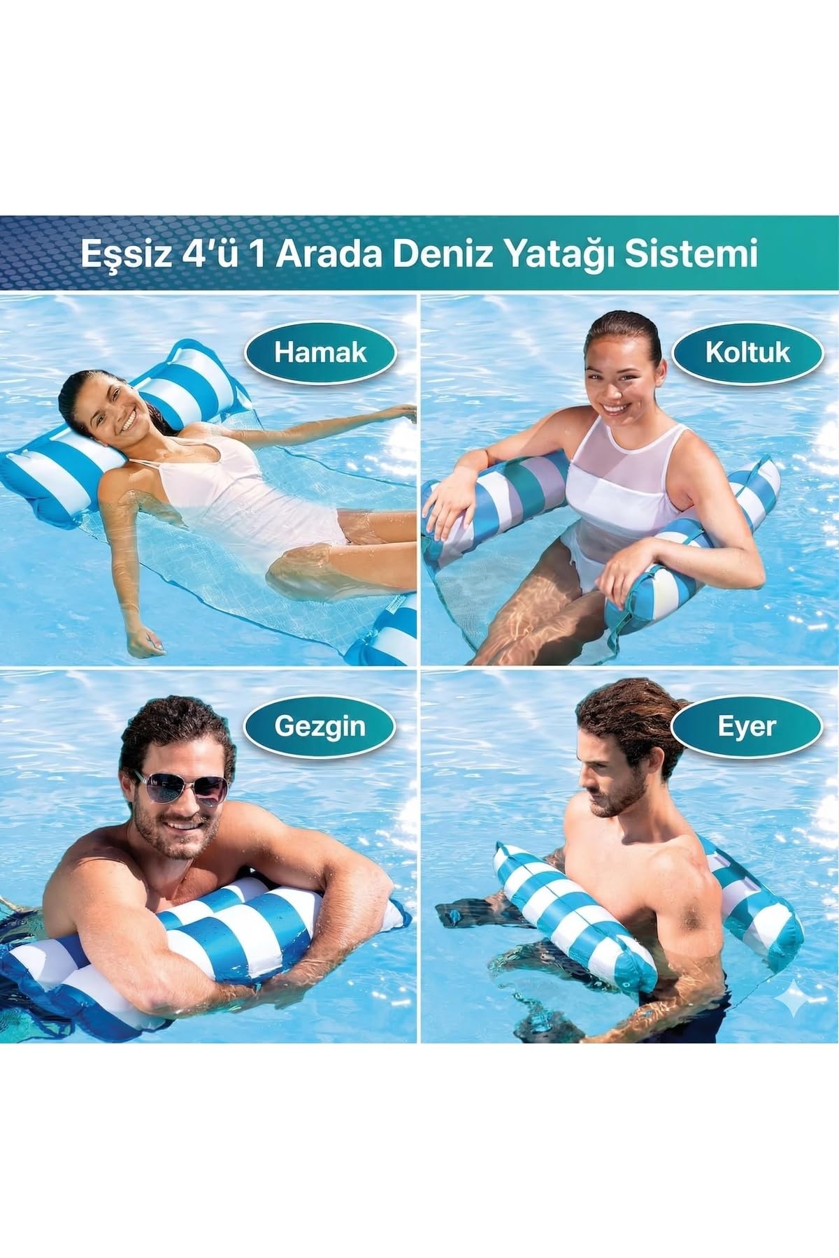 MayToys Hava Yastıklı Fileli Şişme Havuz Koltuğu 4'ü 1 Arada Deniz Ve Havuz Yatağı Mavi