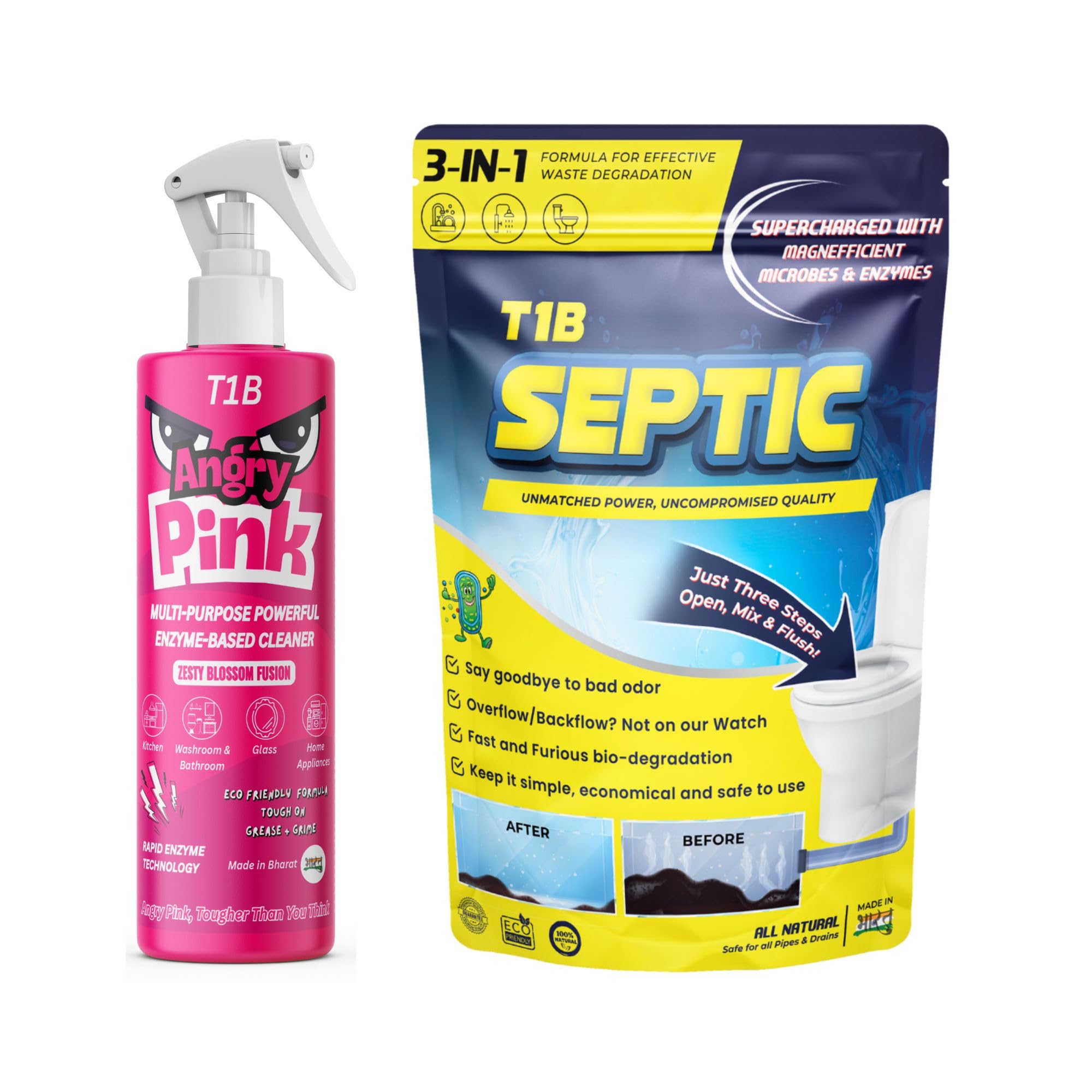 T1B Kitchen-to-Septic Care Combo | Angry Pink Enzyme Multipurpose Cleaner Spray (400 ml) & Septic Tank Cleaning Powder | Removes Grease, Grime & Odour | Prevents Blockages