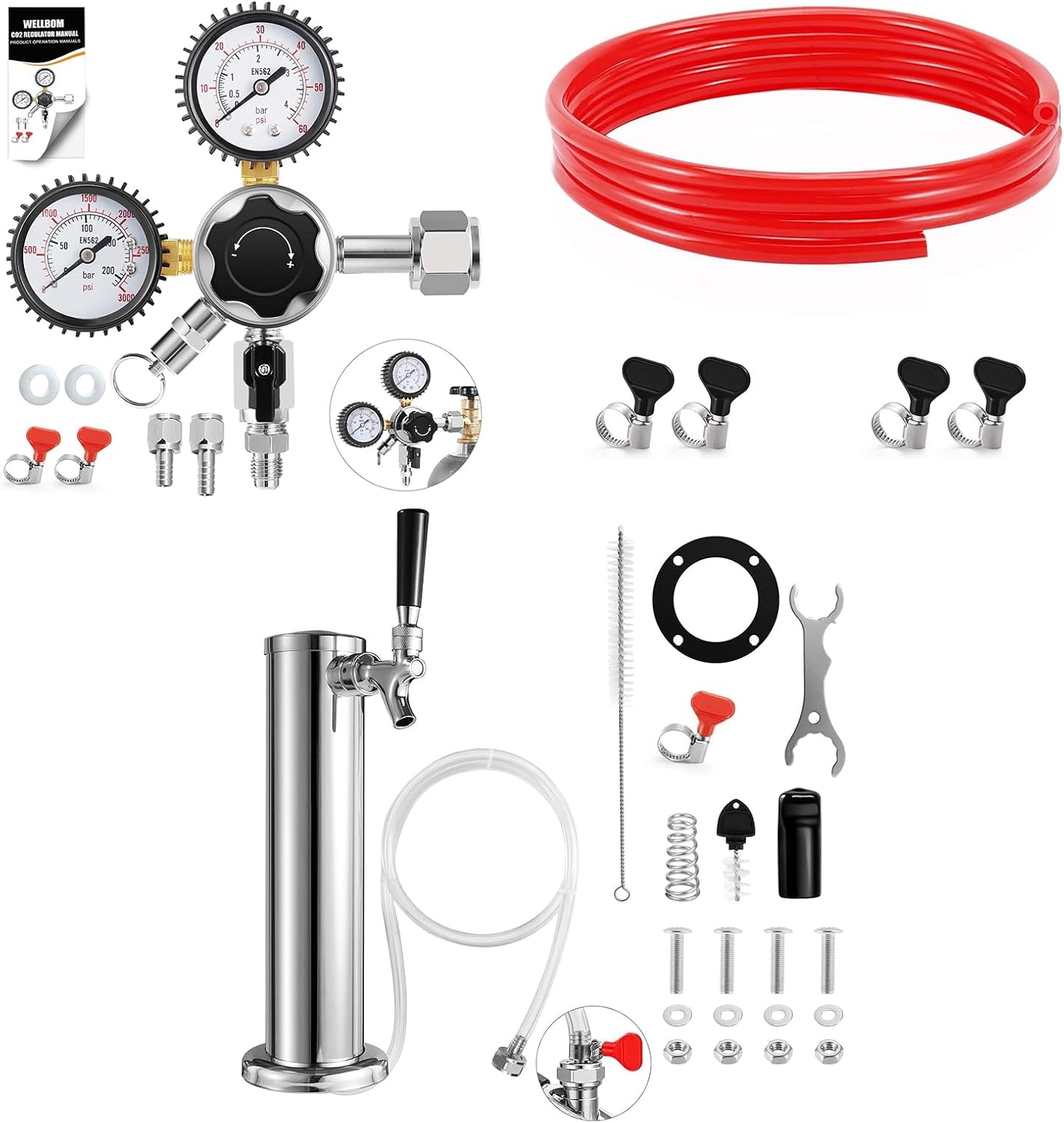 Kegerator Tap Tower Kit CO2 Regulator Beer Keg Regulator Red CO2 Gas Line Hose