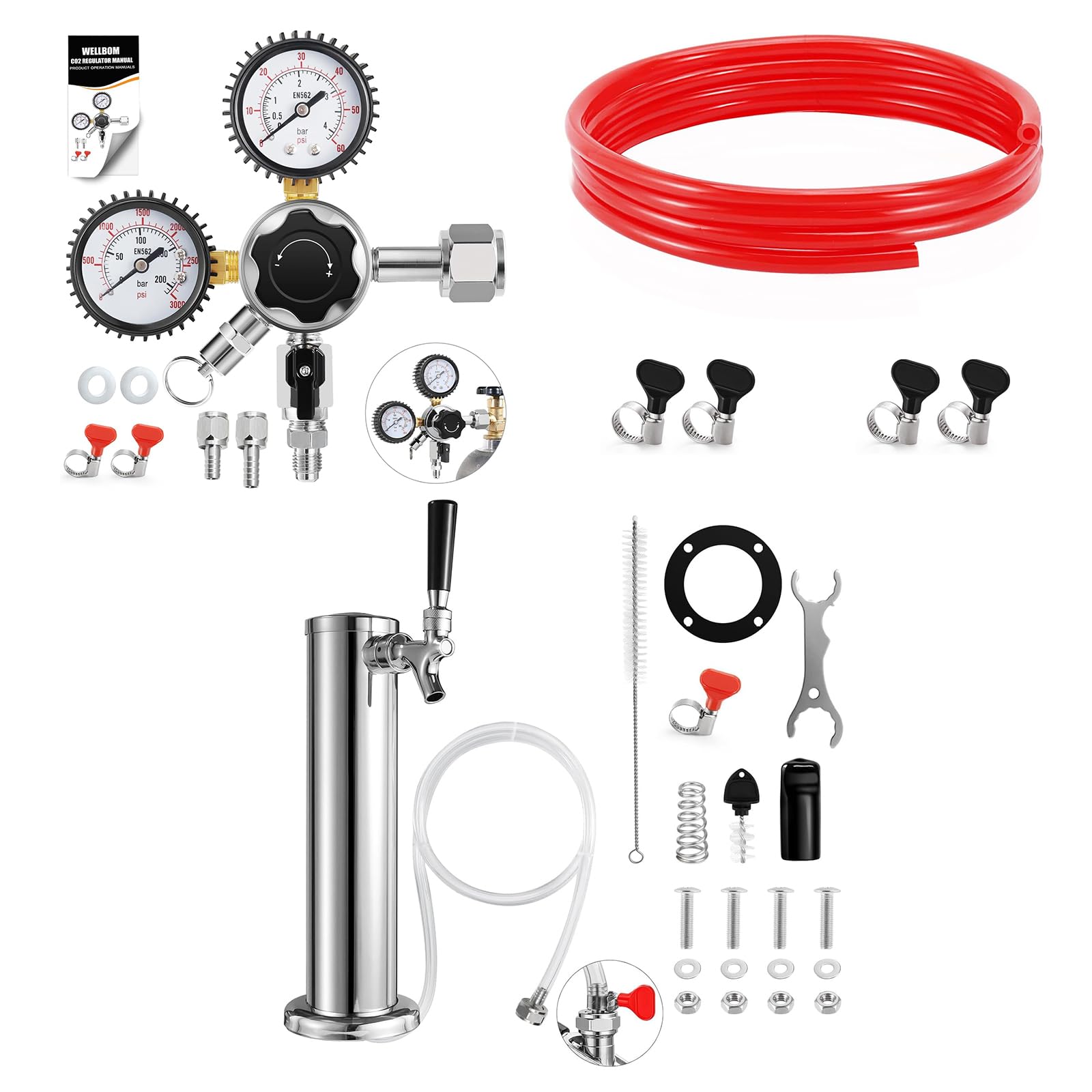 Kegerator Tap Turm Kit CO2 Regler Bier Fass Regler Rot CO2 Gas Linie Schlauch