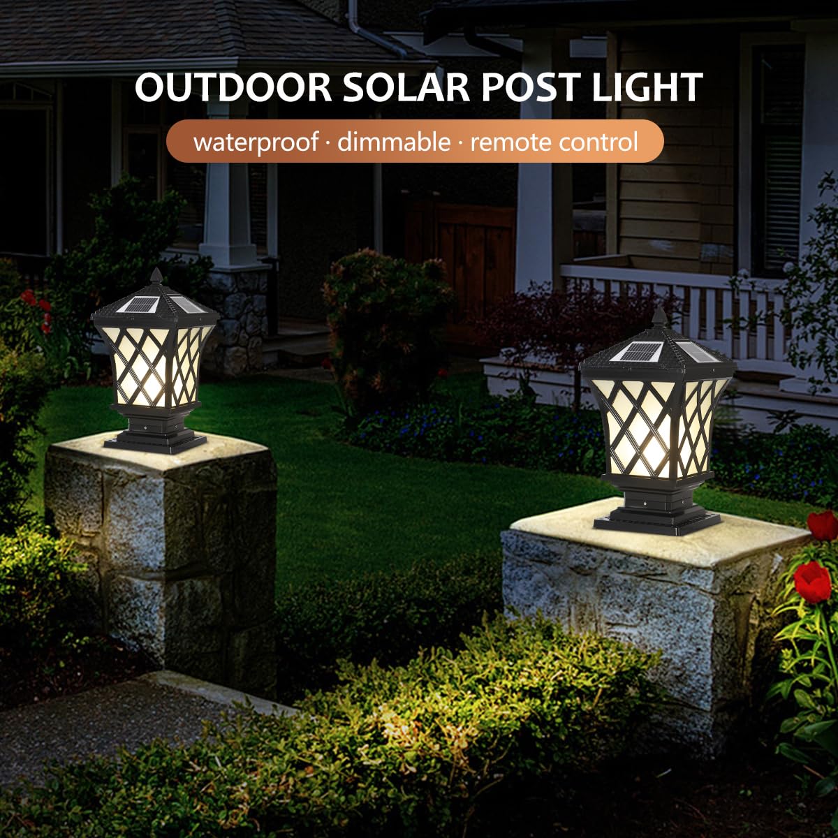 PTOUG LED Solar Post Cap Lamp, Outdoor Dimmable Pillar Lights IP65 Waterproof Black Post Light Aluminum Outdoor Column Light, Pillar Pedestal Lantern for Garden Fence