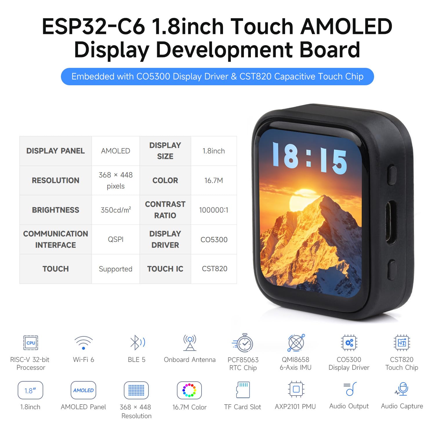 Waveshare ESP32-C6 1.8inch Touch AMOLED Display Development Board, 368 × 448 Resolution, Supports Wi-F 6, BLE 5 and Zigbee,No Batt