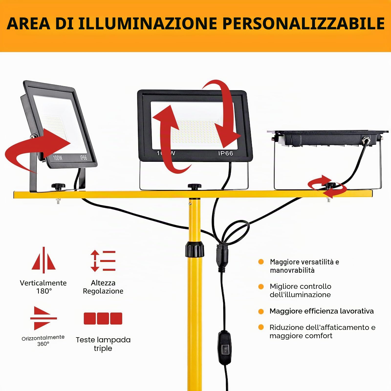 Faretto LED da 300 W, 30000 lm, luce da lavoro super luminosa con treppiede regolabile e cavo da 3 m, spina europea, faro da lavoro, impermeabile, IP66, per garage, officina, cantiere, bianco freddo