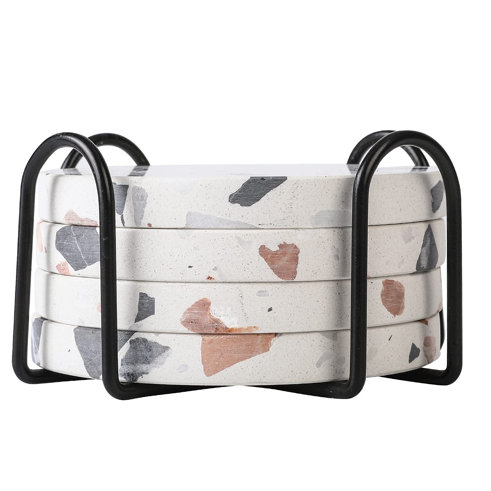 Set of 4 Natural Terrazzo Coasters for Drinks with Metal Holder Stand Natural Stone Cups Place Mats for Home Decor Round White Thick Stone