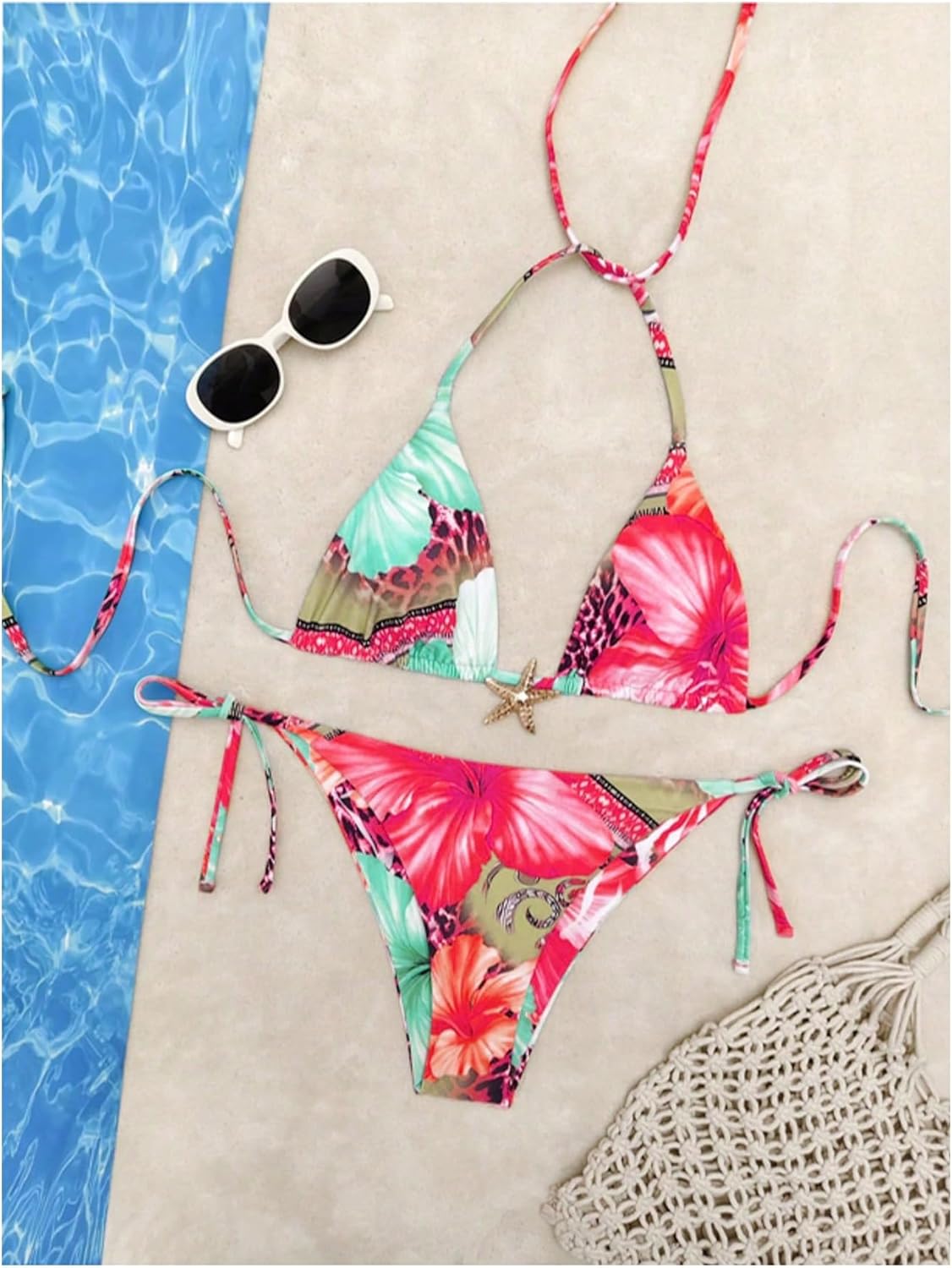 Women's 2 Piece Leopard Floral Bikini Sets Halter Triangle String Bathing Suit Starfish Metal Swimsuits - Image 5