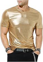 Casey Kevin Men's Metallic Shiny Shirt Solid Golden Silver Shirt Glitter Nightclub T-Shirts 70s 80s Disco Bronzing Party Costume