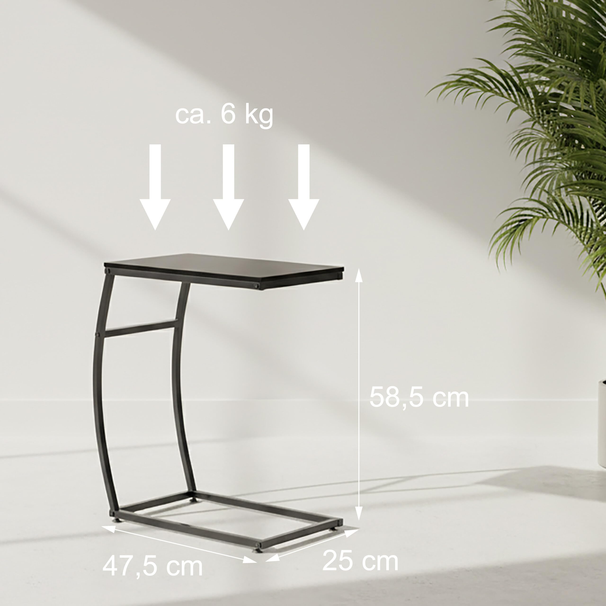 Relaxdays Tavolino da Divano a Forma di C, HLP: 58,5x47,5x25 cm, Tavolo Laterale Salotto e Letto, Ferro e MDF, Nero