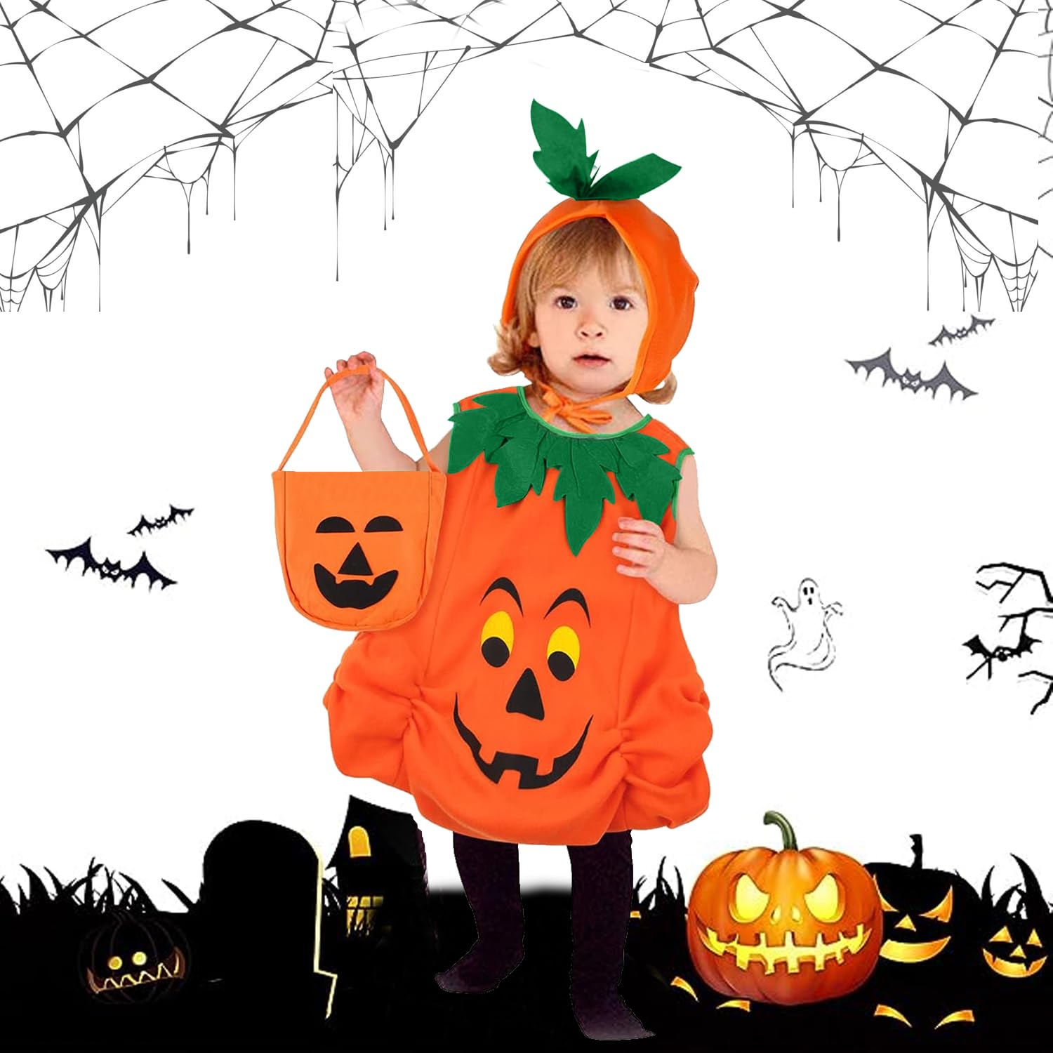 Disfraz de Calabaza Bebé, Disfraz de Calabaza de Halloween Niño con Sombrero y Bolsa de Caramelo de Calabaza, Traje Halloween Bebé Niño Niña, Disfraz de Calabaza de Fiesta Infantil para Cosplay