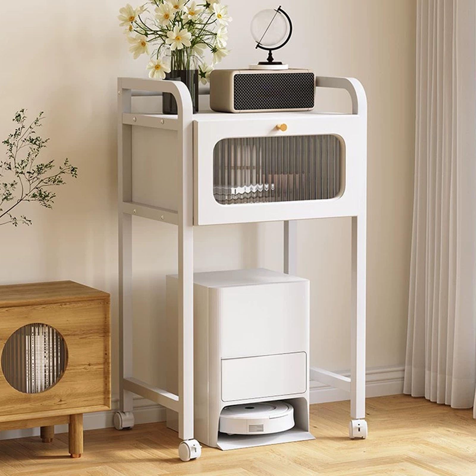 Support aspirateur robot blanc avec tiroir et étagère de rangement salon