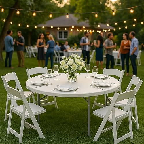 Miniatura 2 de Magshion Mesa de plástico plegable de 60 pulgadas, mesa redonda blanca resistente plegable para cocina o fiesta al aire libre