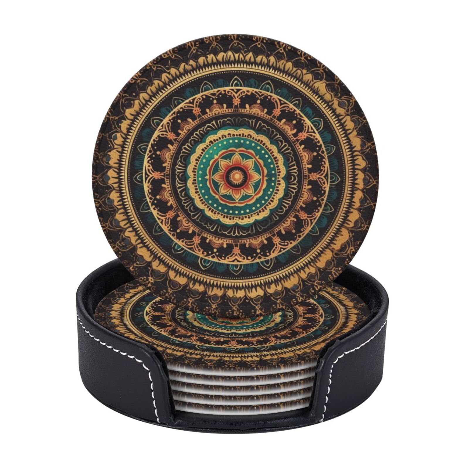 6PCS Drink Coasters with Holder, 4" Leather Coasters for Drinks, Mandala Cup Coasters for Coffee Table Decor, Non-Slip Drinking Cup Mat for Hot or Cold Drink