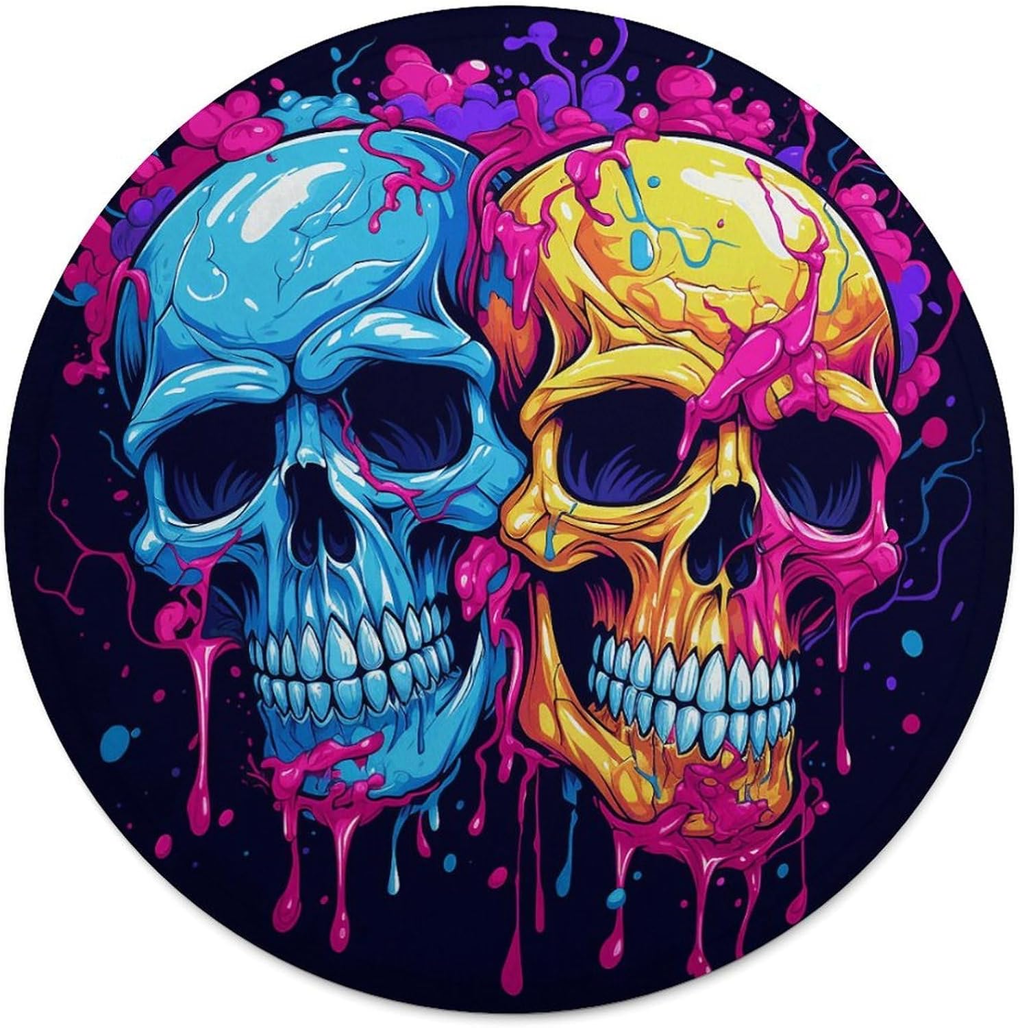 Two Different Skulls Blanket Round Beach Tapestry Flannel Round Tablecloth Boho Beach Blanket Home Decor Indie Rug Comfortable Yoga Mat for Multi Scenario Usage