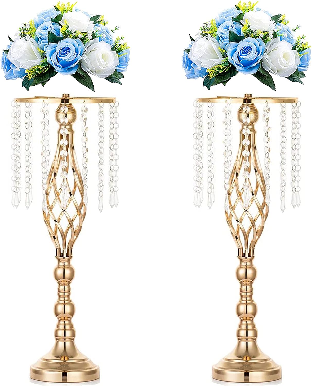 Sziqiqi Floral Centerpiece Riser Gold Tall Flower Crystal Centerpiece Stand with Crystal Beads for Event Party Wedding Reception Center Piece Floral Arrangements, 2pcs Gold 21.7inch
