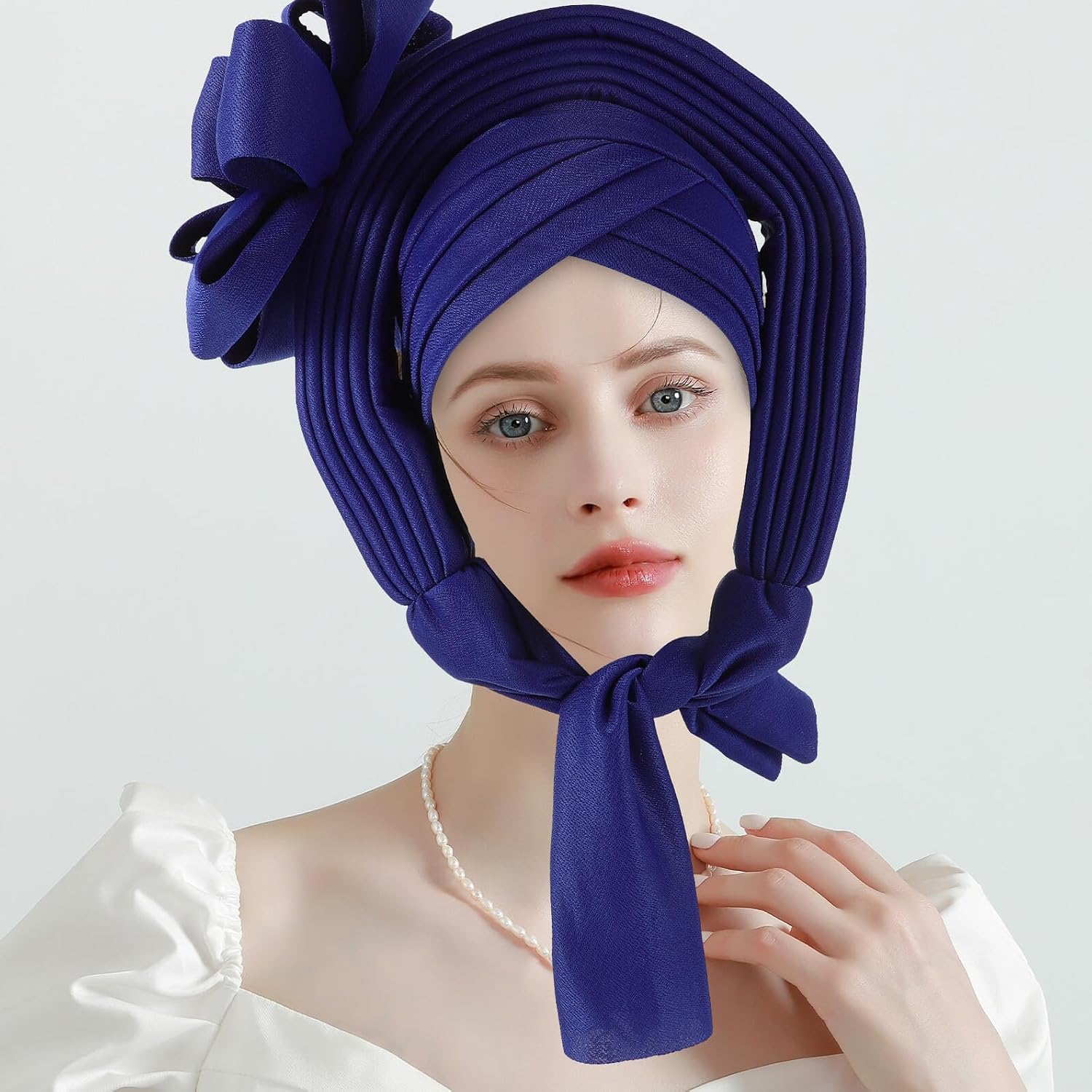 Nigerian Wedding Headwrap Turban African Beanie Cap in Royal Blue, Pre-tied Layered Fabric Hair Cover for Women’s Traditional Ceremony and Formal Events