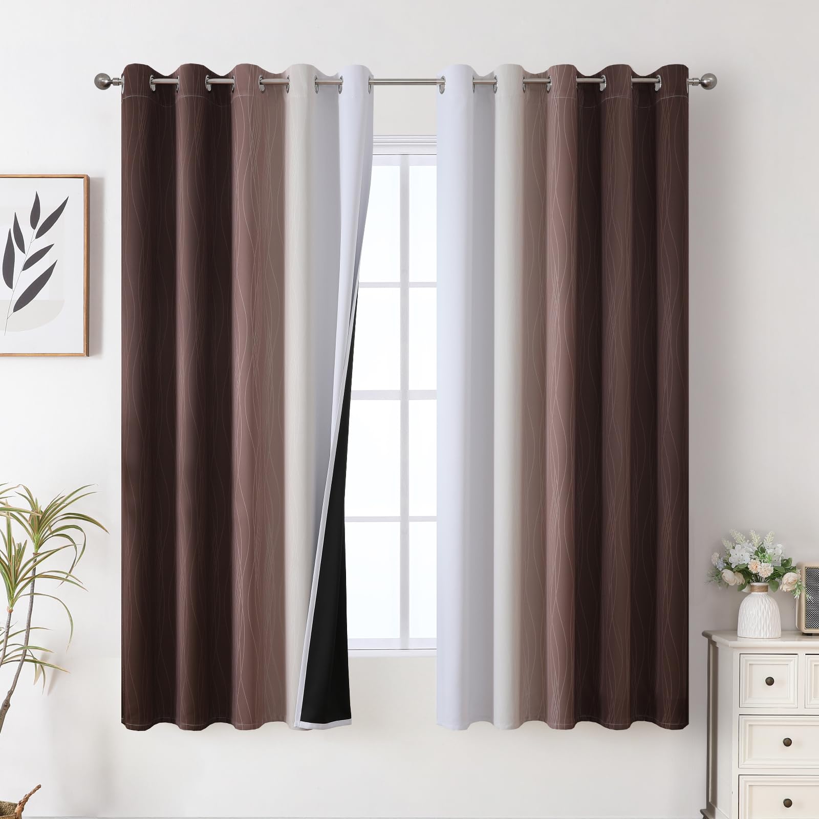Estelar Textiler Brown and Greyish White Blackout Curtains 62Wx63L 2 Panels