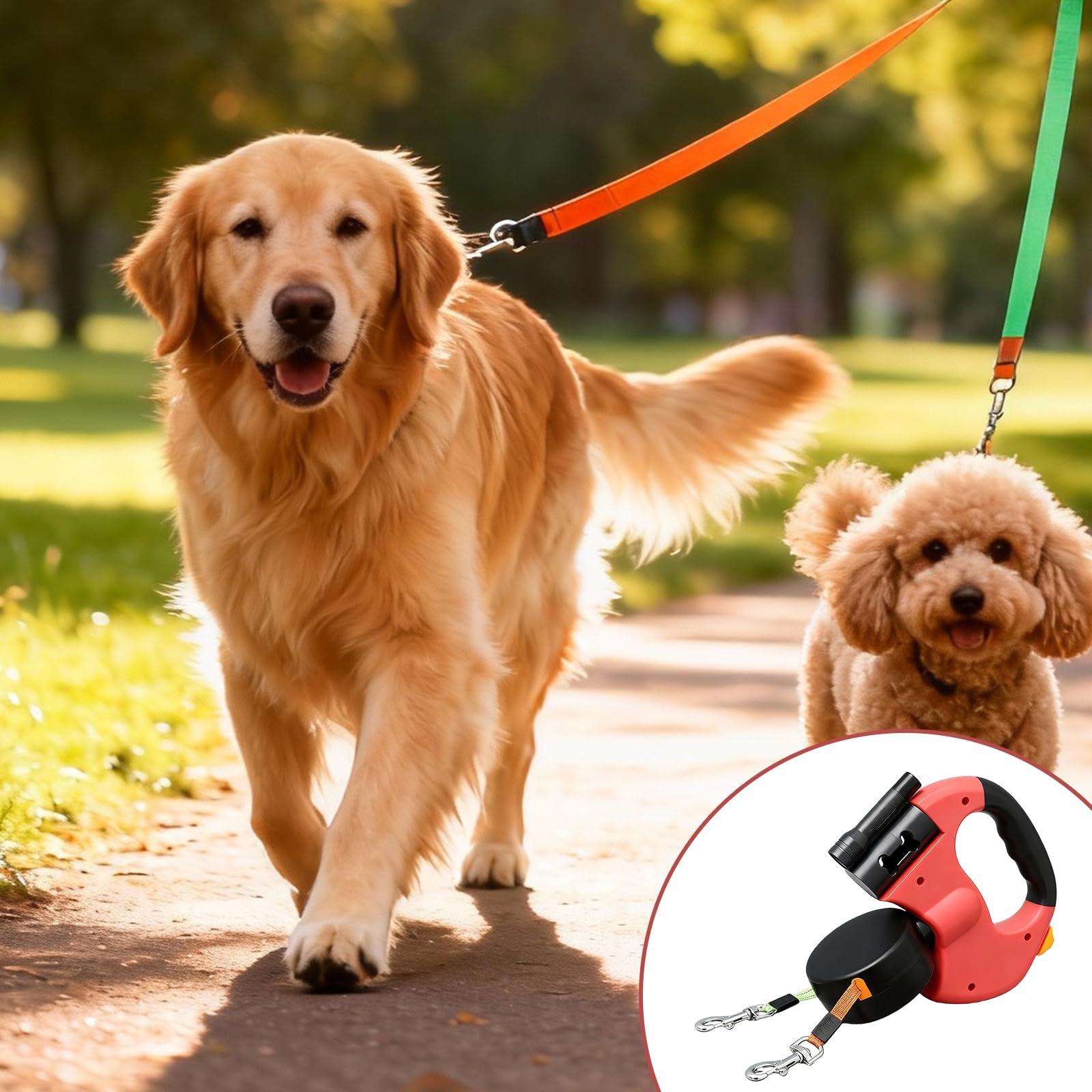 BAIFULAI Laisse rétractable pour 2 chiens, 3 m, double laisse pour 2 chiens, avec lumière, poignée antidérapante, extensible, pour chiens de petite et moyenne taille, rouge