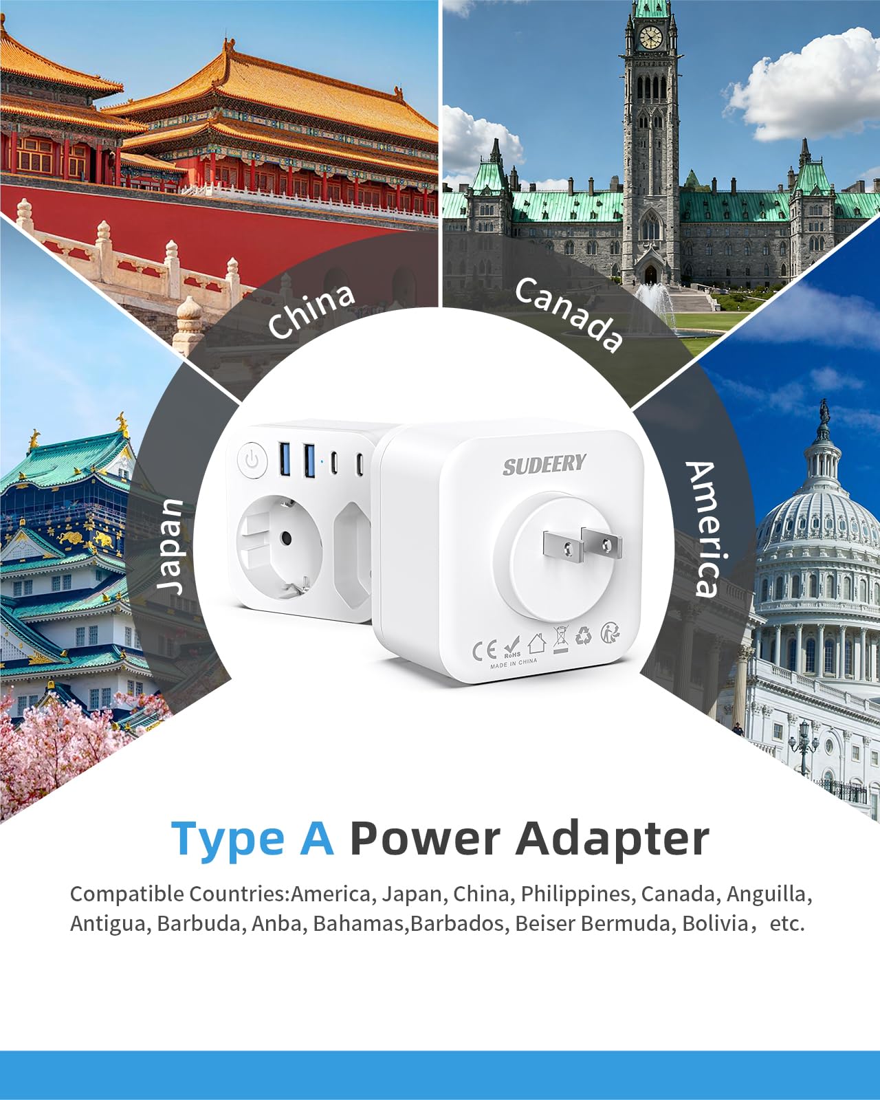 Connecteur de Voyage France Japon 4 Prises USB 2 USB-C Adaptateur Schuko Type A États-Unis Canada Blanc