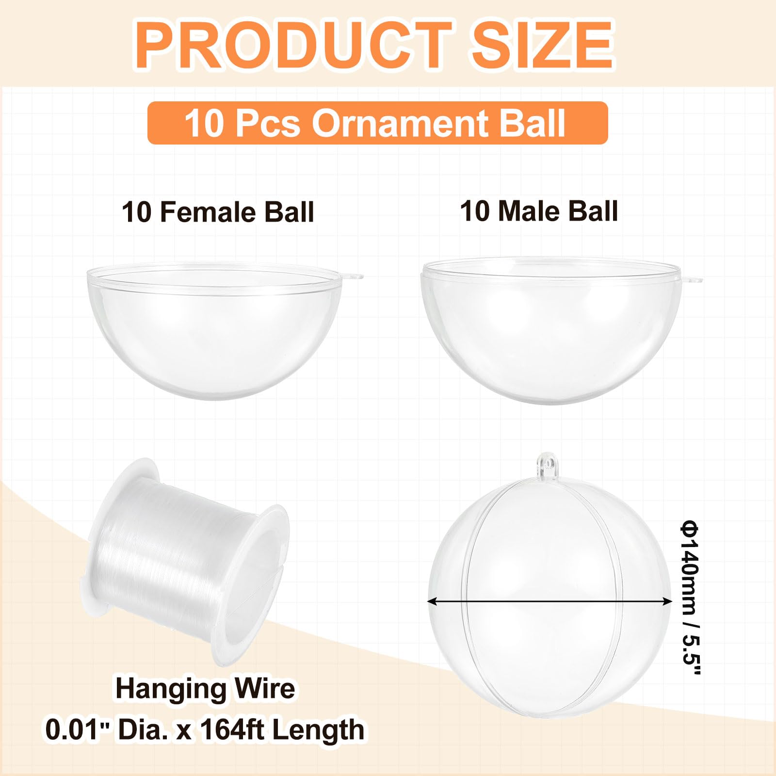 MECCANIXITY Bola de adorno de plástico transparente de 14 cm de diámetro con alambre, 10 piezas de adornos de Navidad acrílicos rellenables para árbol de Navidad, fiesta, boda