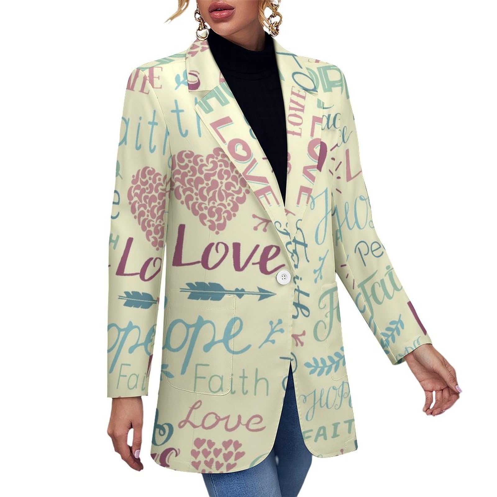 Religious Pattern Blazers for Women Fashion Business Casual Office Elegant Jacket Coat with Pockets