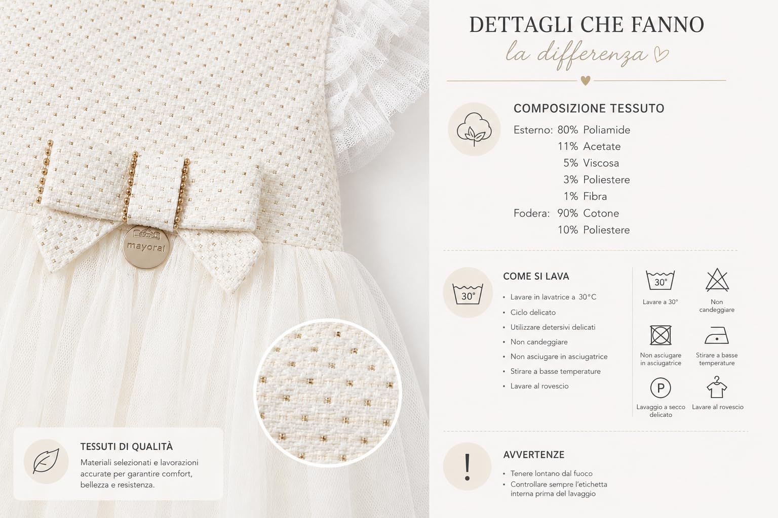 Mayoral Abito Battesimo Bimba – Vestito Cerimonia Neonata Avorio con Tulle e Fiocco – Elegante per Battesimo, Feste e Occasioni Speciali, 1906 (IT, età, 24 Mesi, Panna)