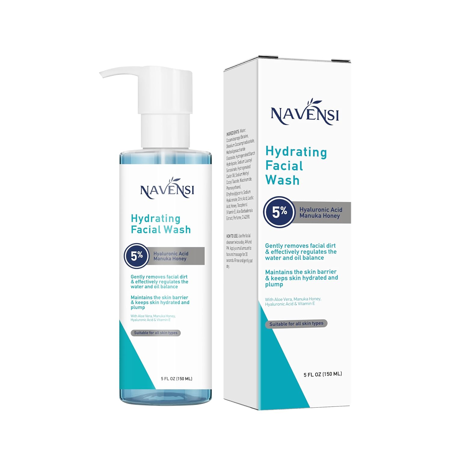 Hydrating Facial Wash | Hyaluronic Acid, Aloe Vera, Vitamin E & Manuka Honey | Deep Moisturizing & Refreshing Face Cleanser for Soft, Glowing Skin | Gentle & Sulfate-Free | 150ml