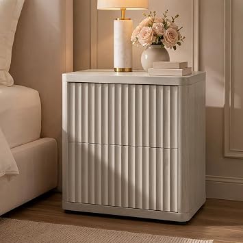 SICOTAS Night Stand Nightstand with 2 Drawers Storage Bedside Table Large Fluted Bed Side End Table Modern 24.4" Tall Wide Night Stands for Bedroom Living Room Sofa Couch Home Office, White Alder