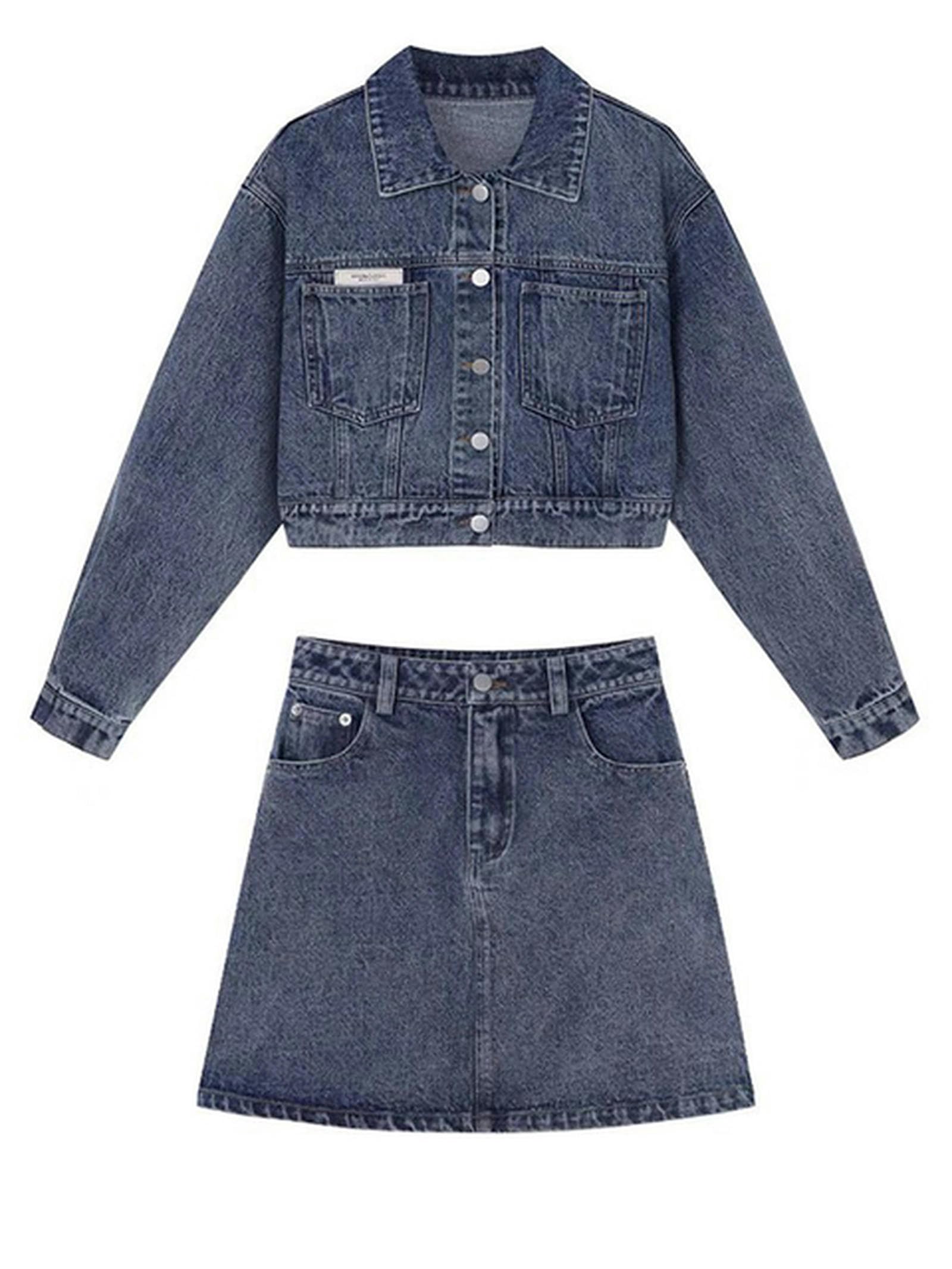 Streetwear Jeansrock 2-teiliges Set Frühling Sommer Stretch-Jeansjacke + Jeansröcke Zweiteilige A-Linien-Röcke mit hoher Taille-2-teilig-M