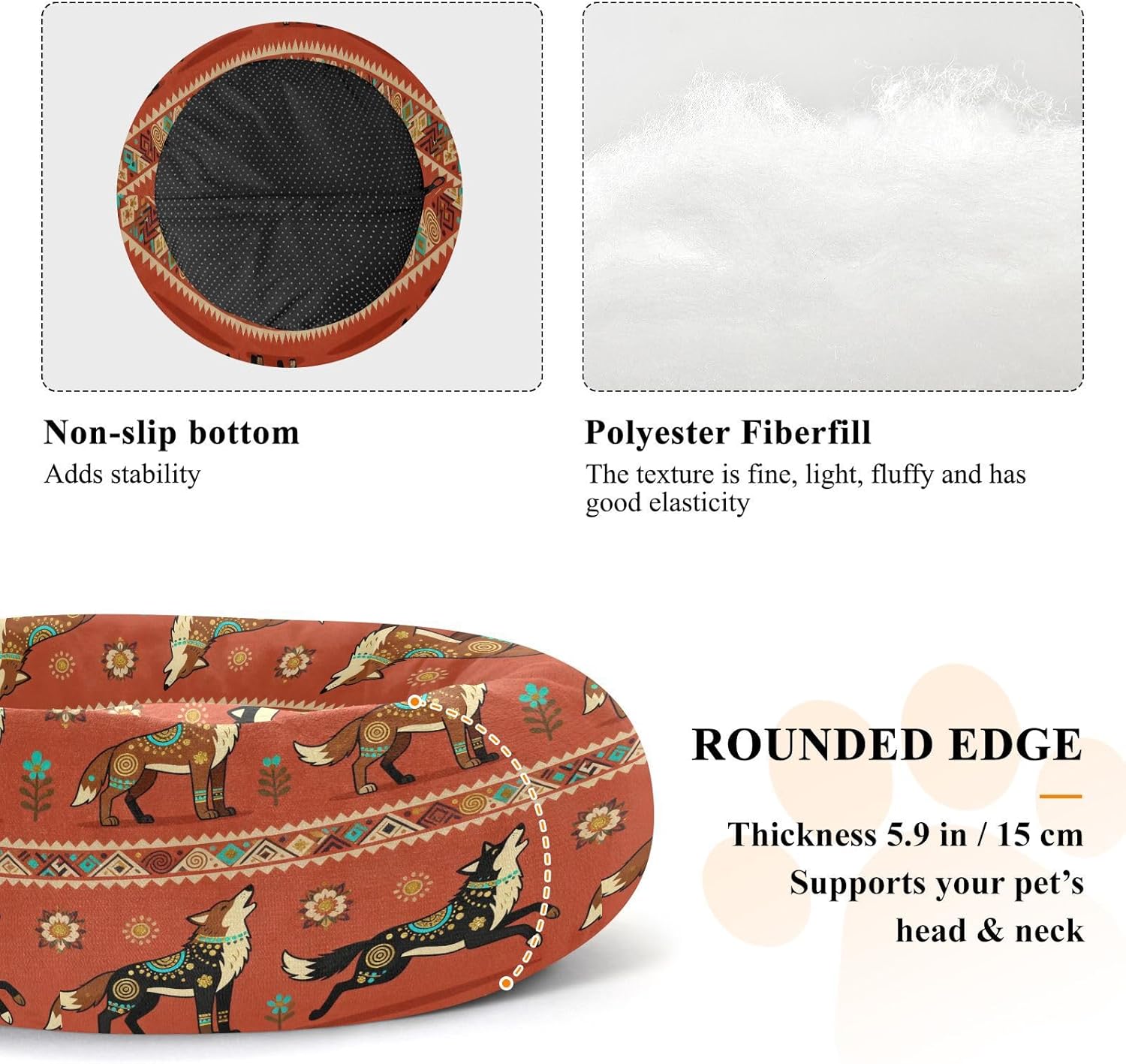 Wudan Pet Cat Beds Donut Cuddler Fluffy Dog Pillow Bed for Small Size Pets Supplies M Ethnic Wolf Art