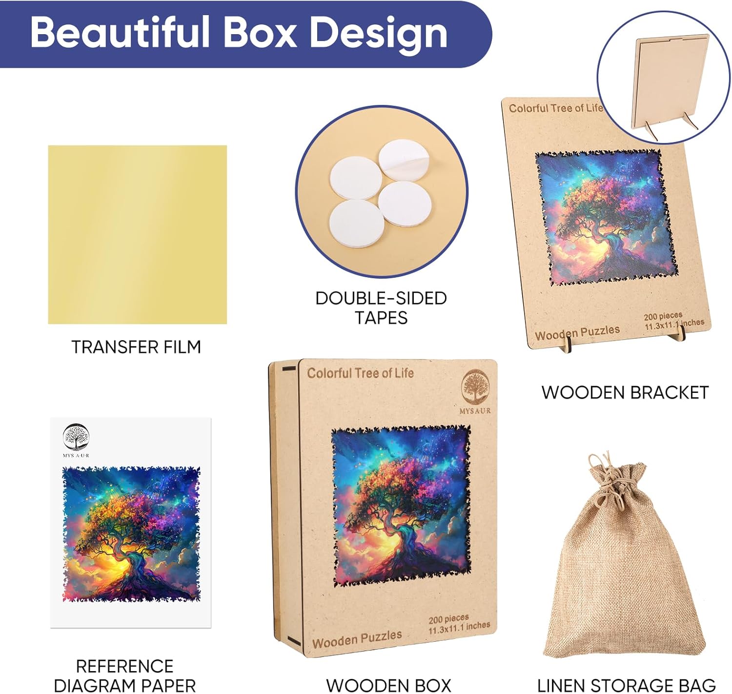 MYS A·U·R Wooden Puzzles for Adults, Colorful Tree of Life Jigsaw Puzzles 200 Piece, 11.3x11.1in, Unique Shaped Wood Plant Puzzles, Fun Challenging Creative Gifts for Adults and Kids Family Game