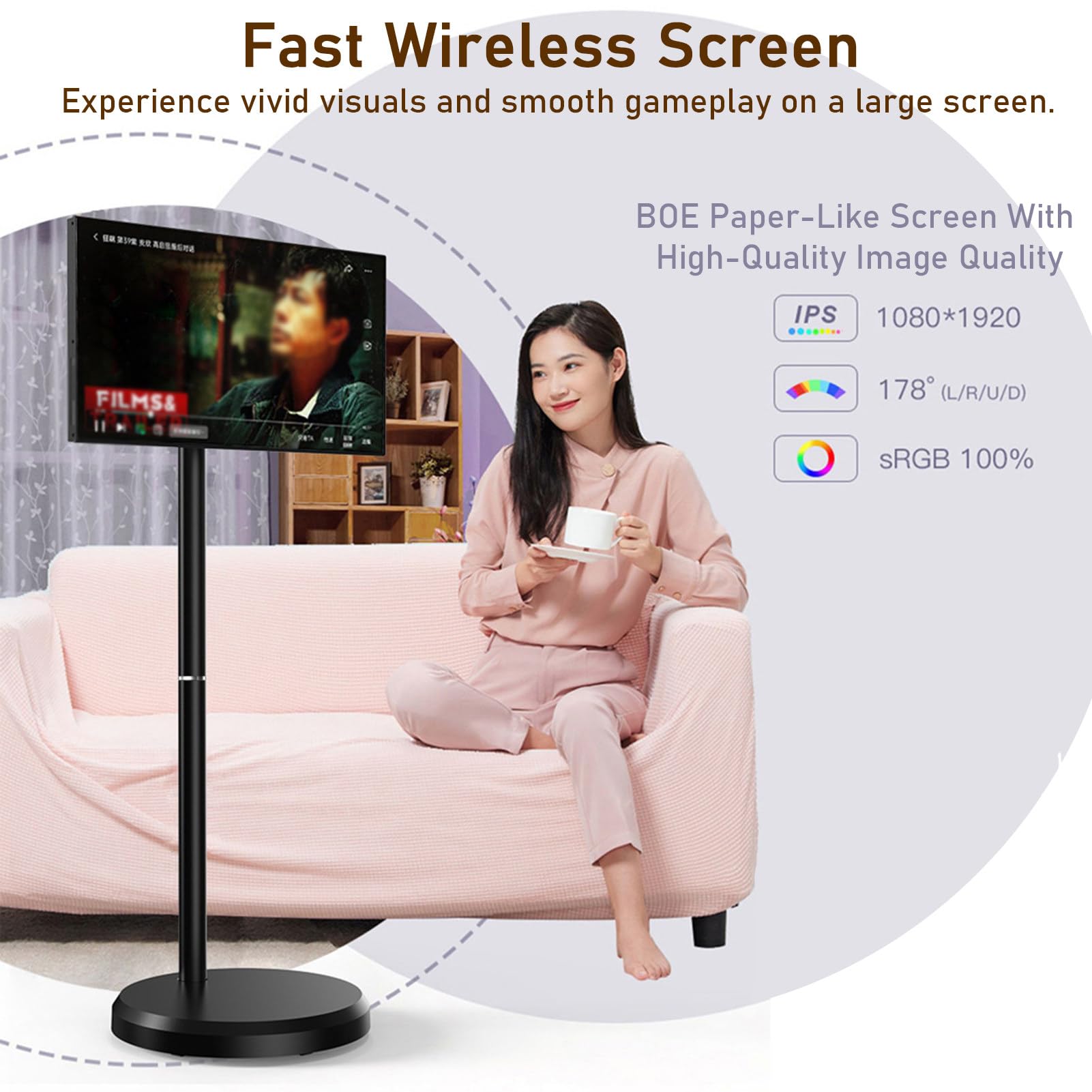 Monitor portatile touchscreen, 21,5 pollici Rolling TV con batteria da 6000 mAh, design mobile intelligente wireless, supporto su ruote, spazio di archiviazione da 128 GB