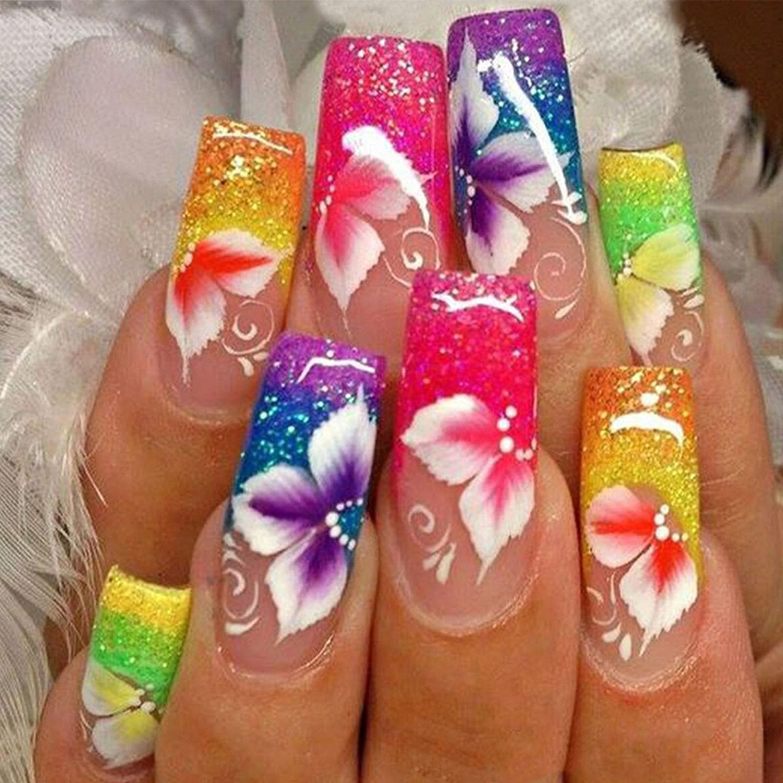 Spring Press on Nails Medium Fake Nails with Colorful Flower Glitter Designs Gradient Nails Press ons Glossy Glue on Nails Nude Acrylic Nails Coffin
