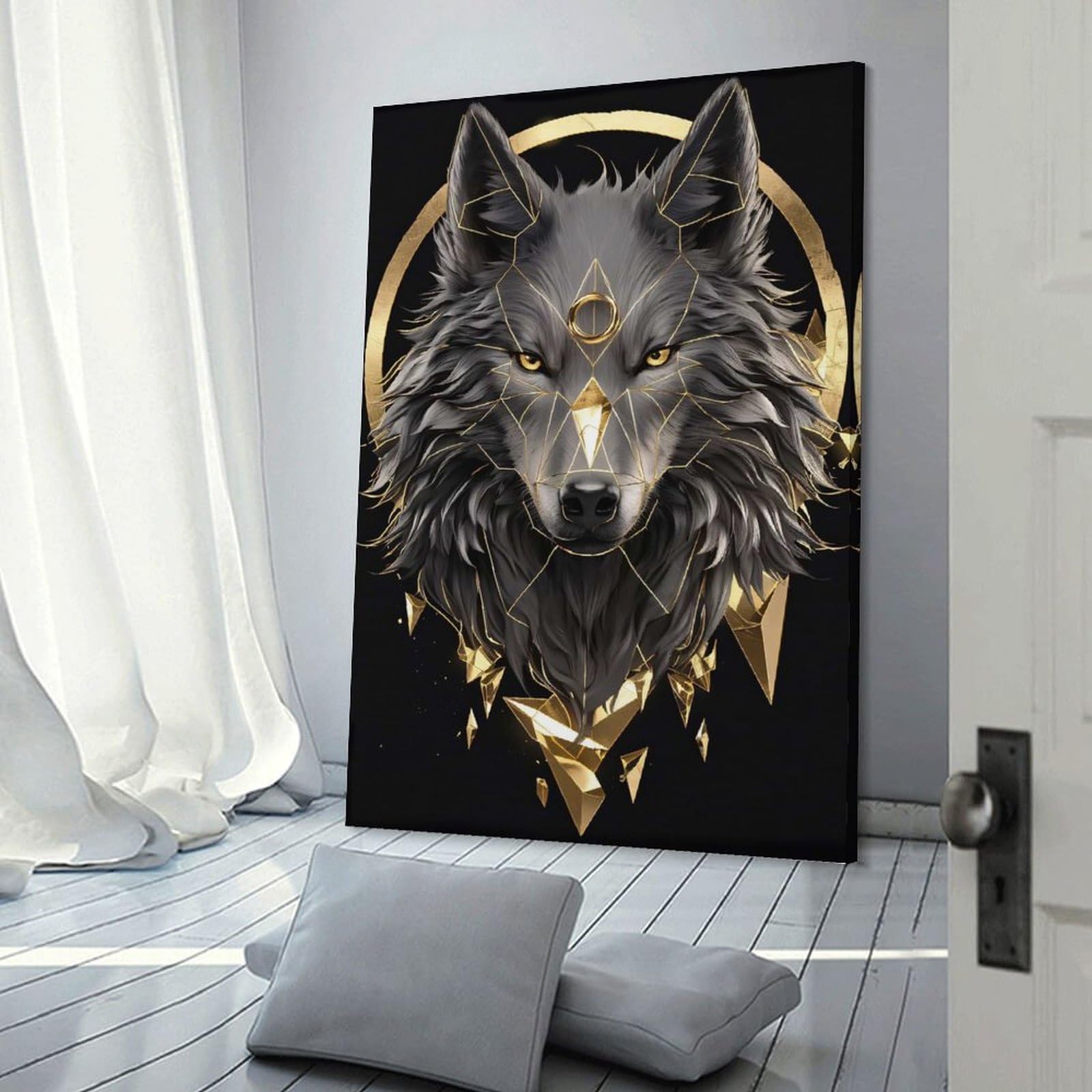 Junmoney Geometric Wolf with Gold Accents Wall Art Print 08x12inch(20x30cm), for Gallery Wall Layouts in Home Or Office, An Easy Match for Collected Prints